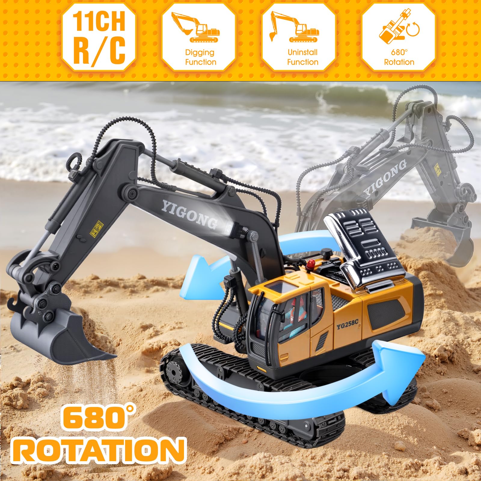 1:20 Scale Remote Control Excavator Toy - 11 Channel RC Construction Vehicle with 680° Rotation & Hydraulic System | Perfect Gift for Boys Ages 4-10 | Christmas Birthday Present | Outdoor Sandbox & Construction Play