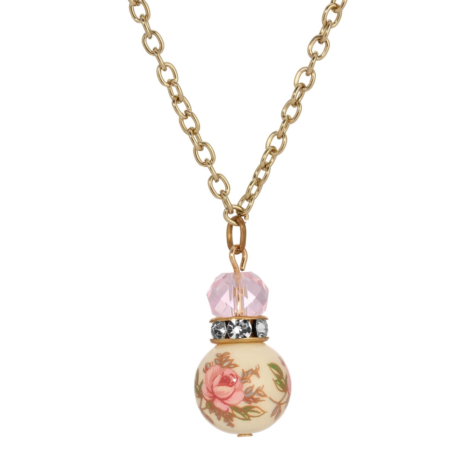 1928 Vintage Pink Desert Rose Floral Beaded Pendant Necklace with 16