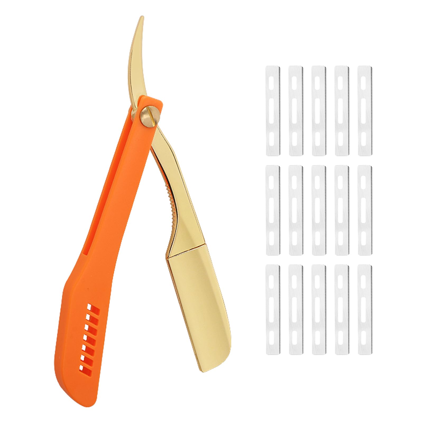 Premium Stainless Steel Straight Razor for Men - 15 Replaceable Blades, Barber Shaving Kit for Professional & Home Use - Perfect for Beard Shaping, Grooming & Close Shaves (Gold-Orange)