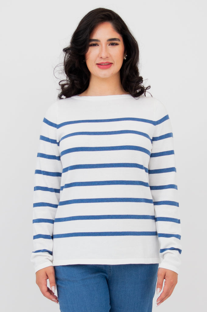 Frida Sweater for Women - Soft Cotton Denim Stripe Pullover - Casual Comfort for Everyday Wear & Outfits