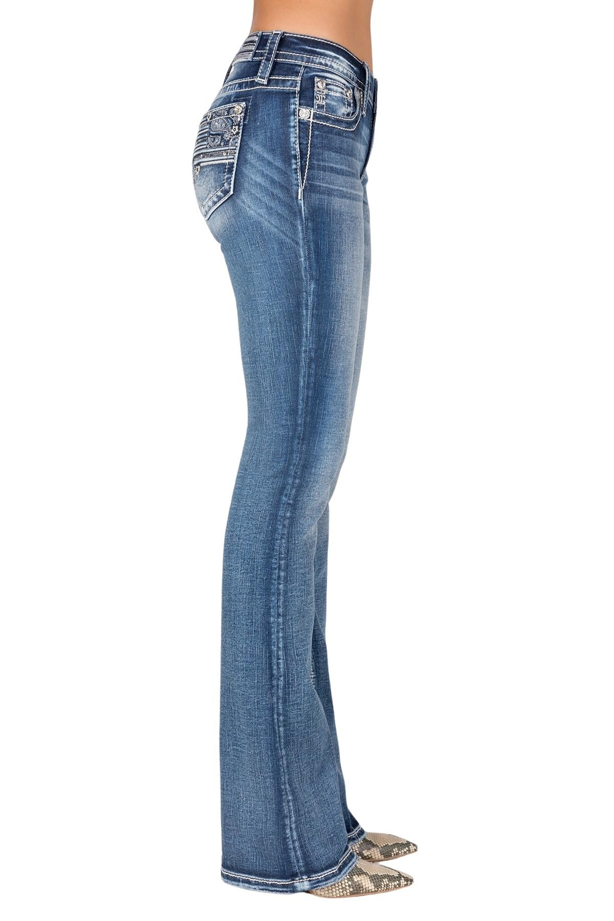 Miss Me Women's Mid-Rise Bootcut Jeans - Metallic Stardust Swirls Flag Design, Stretch Denim for Comfort | Perfect for Casual Wear, Night Out & Everyday Fashion