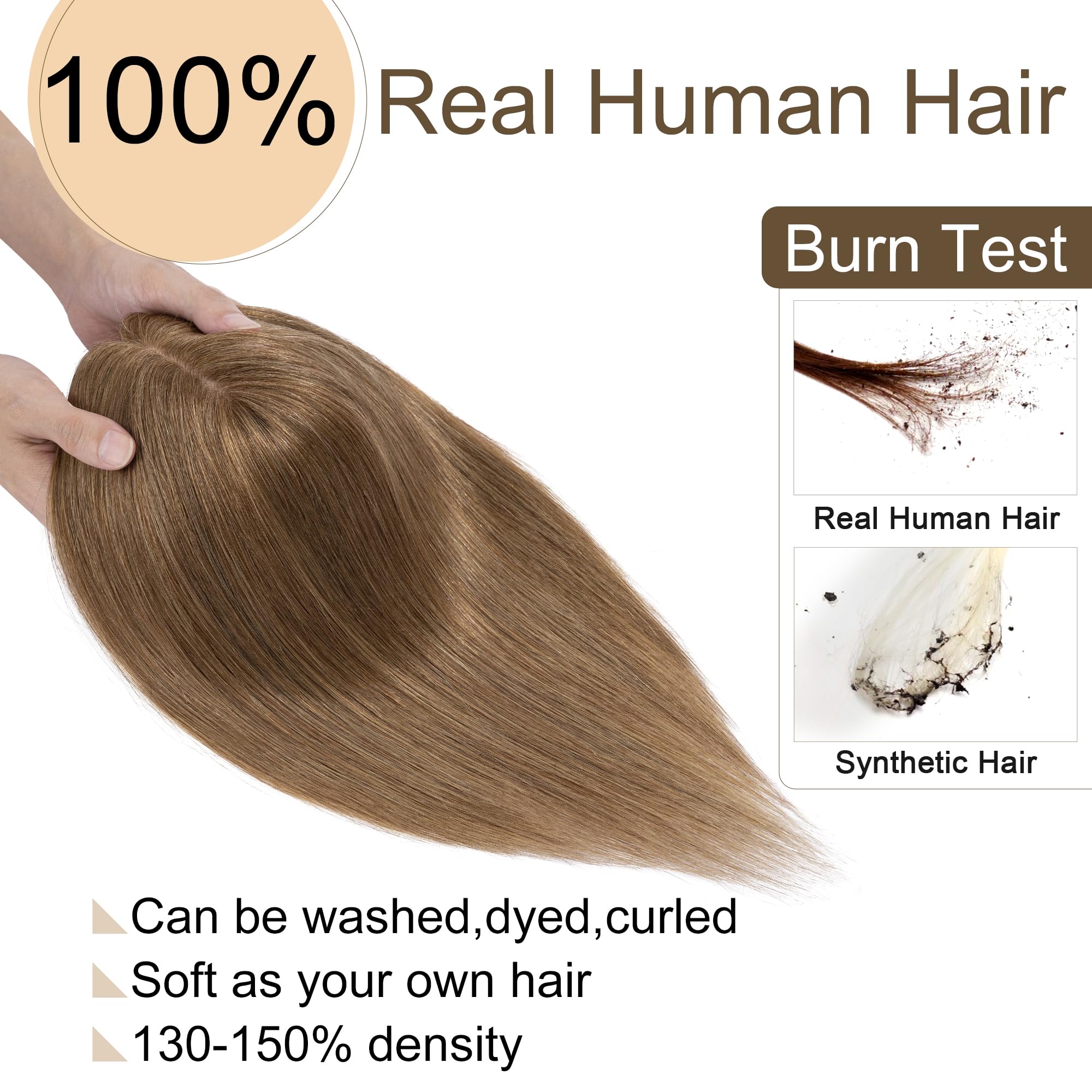 SEGO 10x12cm Silk Base Human Hair Toppers for Women - 130% Density No Bangs Clip-in Top Wiglet - 100% Remy Human Hair Pieces for Thinning Hair (16 Inch, Light Brown) - Perfect for Daily Wear, Special Occasions & Hair Loss Solutions