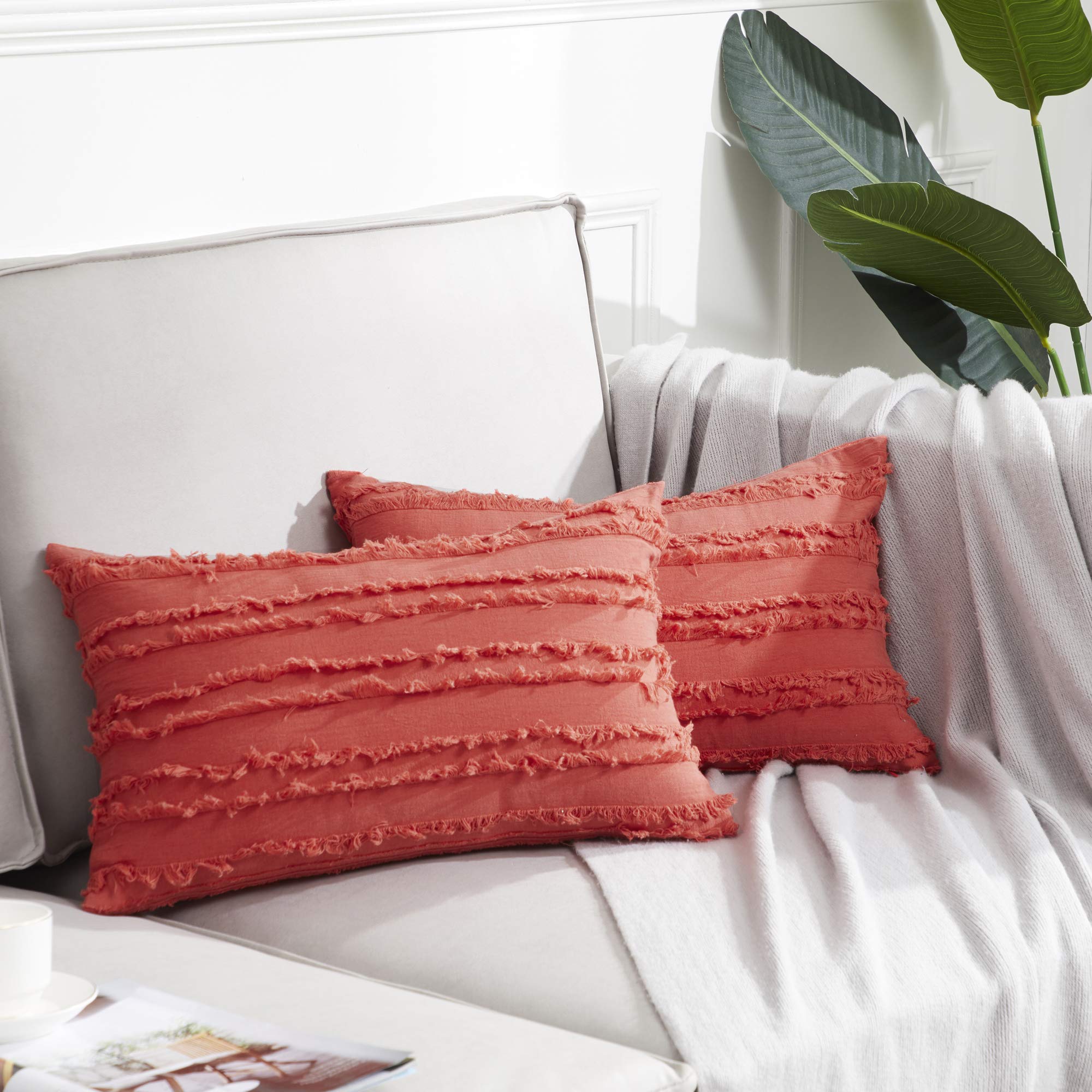 GIGIZAZA 12x20 Decorative Throw Pillow Covers - Coral Red Square Boho Cotton Cushion Covers for Sofa, Couch & Bed - Perfect for Living Room, Bedroom & Home Decor
