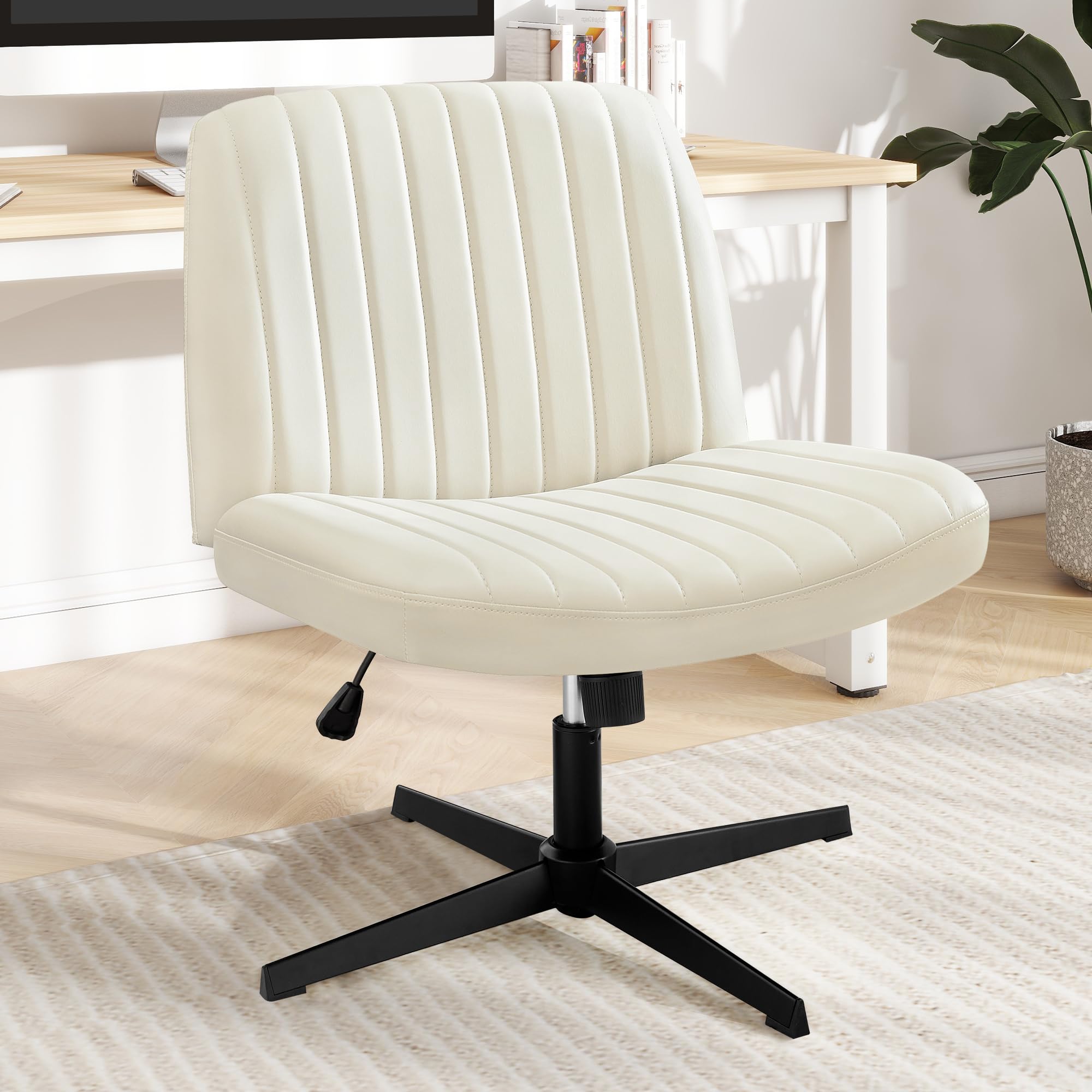 DUMOS Criss Cross Chair Leg Office Chair - Wide Comfortable Desk Seat, No Wheels Armless Computer Task Chair, Swivel Vanity Chair - Adjustable Height for Home & Office Workspace