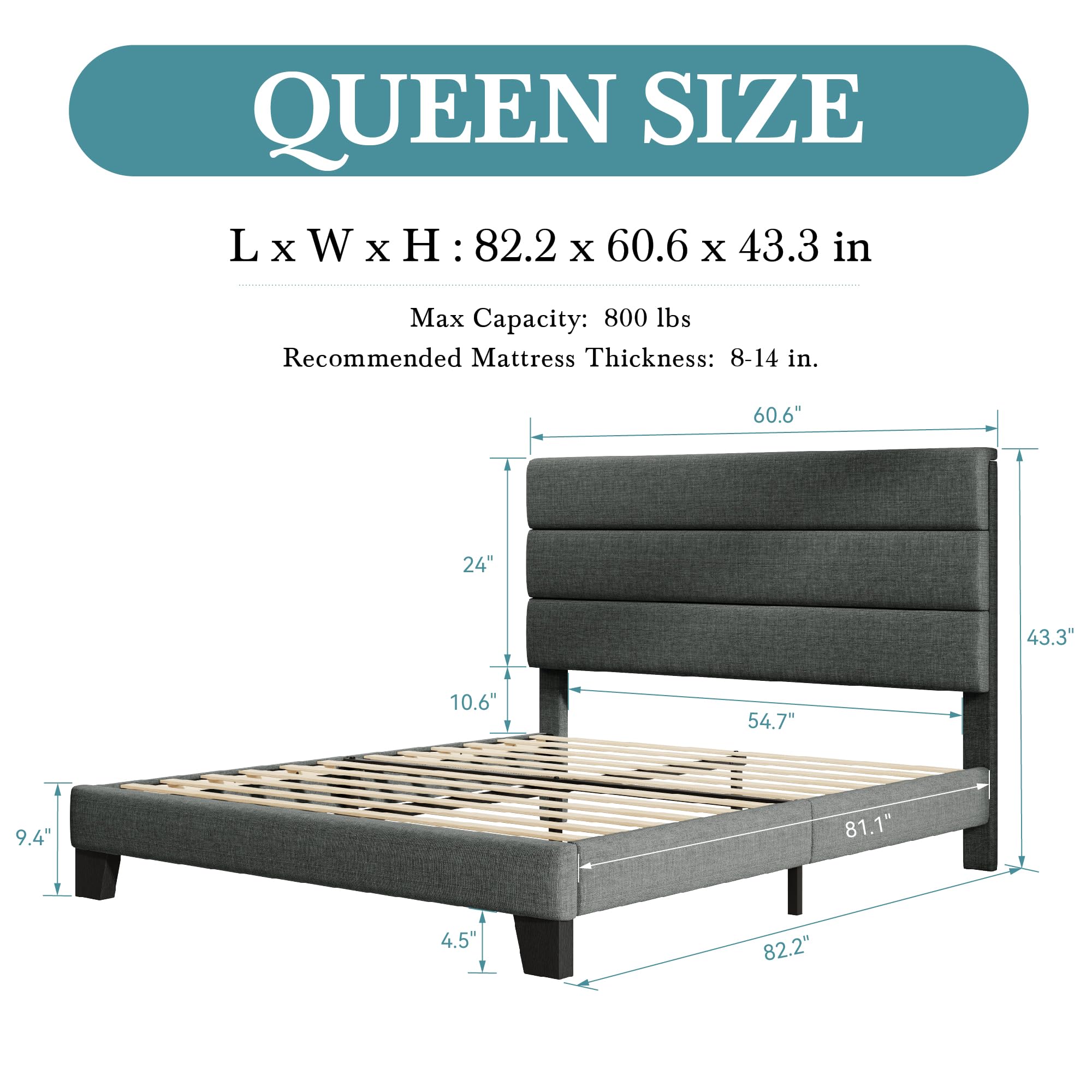 HOOMIC Queen Size Bed Frame with Headboard - Upholstered Fabric Platform Bed with Sturdy Wood Slats Support, No Box Spring Required, Dark Grey - Perfect for Master Bedrooms, Guest Rooms & Small Spaces