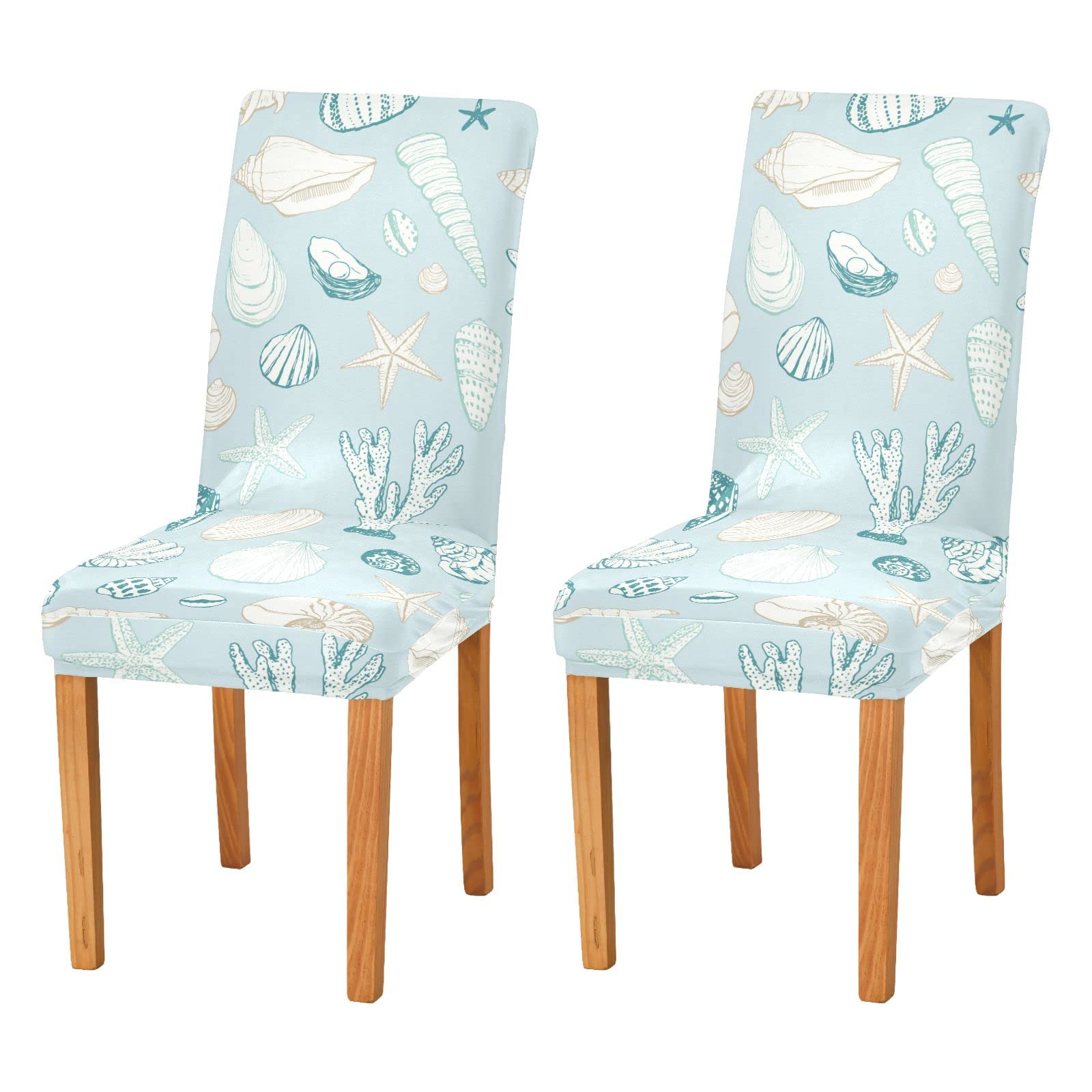 Premium Stretch Dining Chair Covers Set of 2 - Washable Anti-Dust Slipcovers for Kitchen & Living Room - Decorative Seashell Design Summer Seat Protectors | Perfect for Indoor Furniture Protection & Home Decor