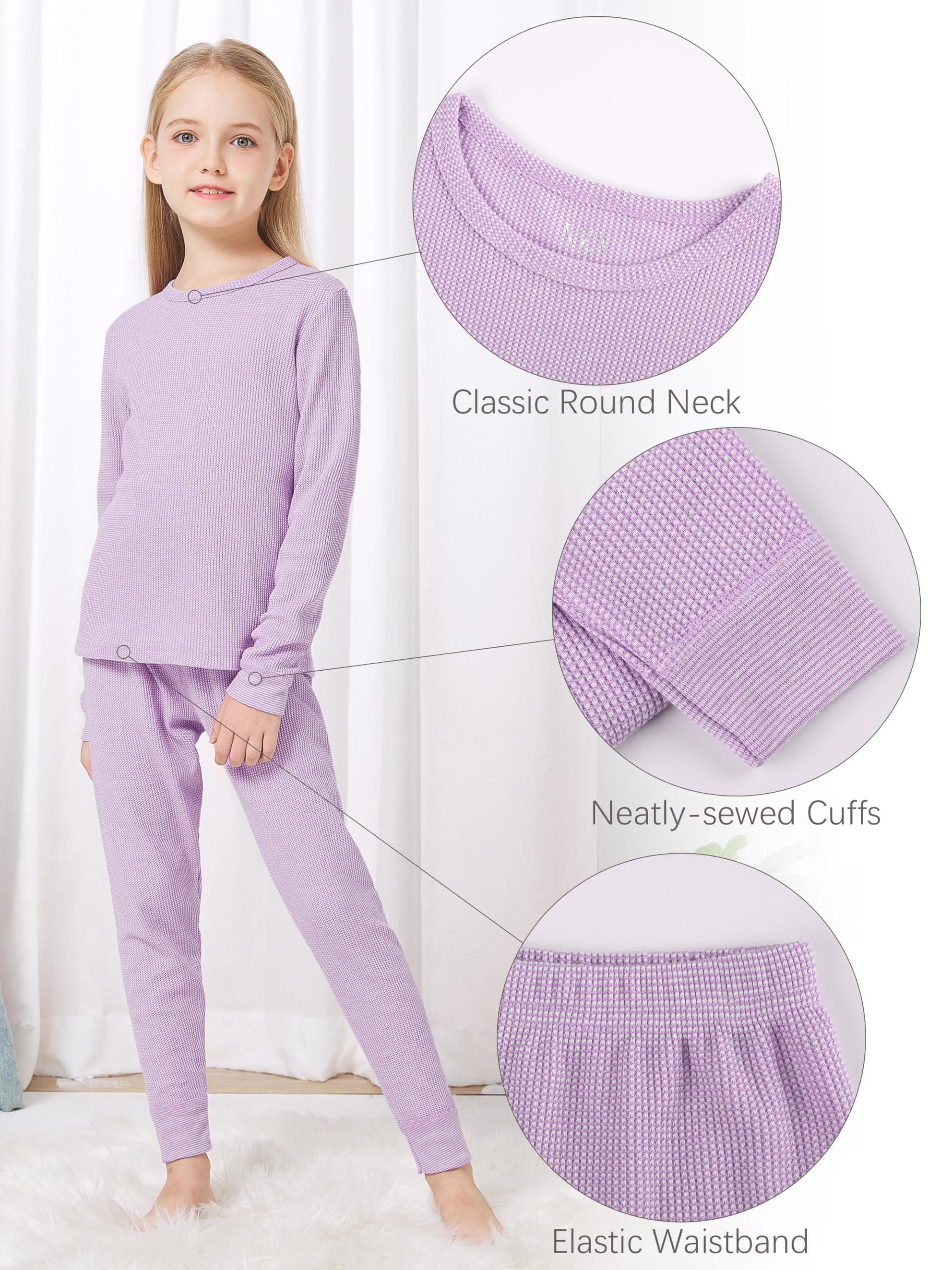 VZV Girls Kids Thermal Underwear Set - Cotton Waffle Long Johns Base Layer for Cold Weather | Warm Winter Pajamas & Layering Outfits for Outdoor Activities