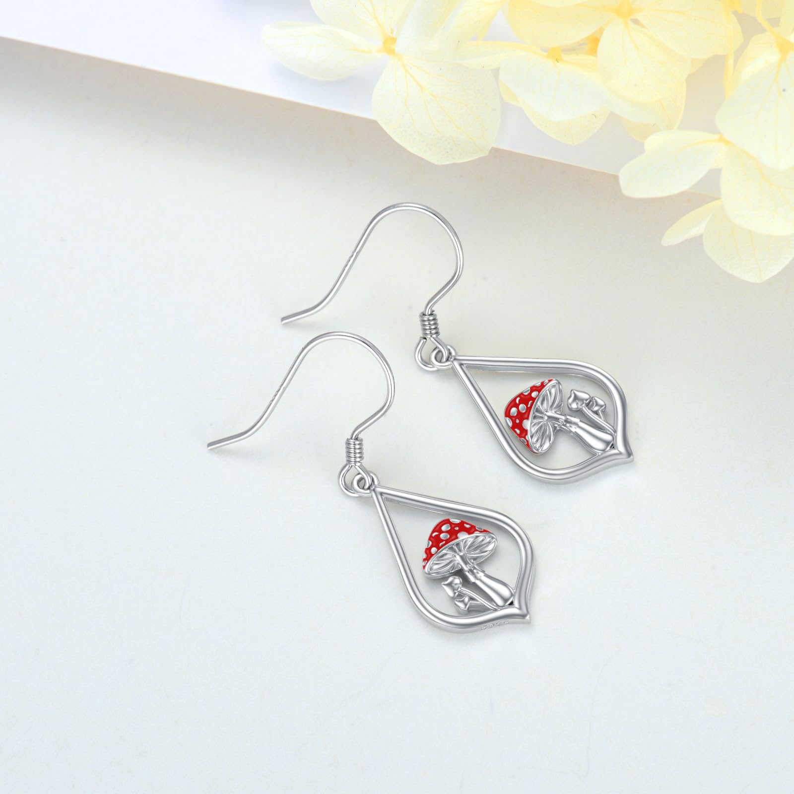 VONALA Sterling Silver Magical Mushroom Dangle Earrings for Women - Red Mushroom Drop Earrings, Unique Mushroom Jewelry Gifts for Women, Teens & Girls (Perfect for Birthday, Festival & Boho Fashion Accessories)