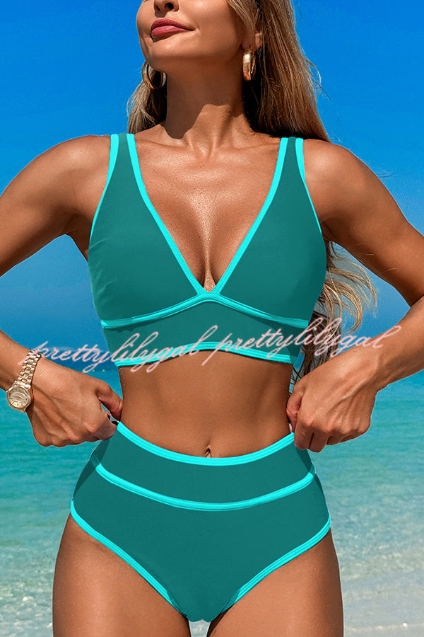 High Waist Solid Color Contrast Stretch Bikini Swimsuit - Sexy & Comfortable Swimwear for Beach, Pool & Summer Vacation