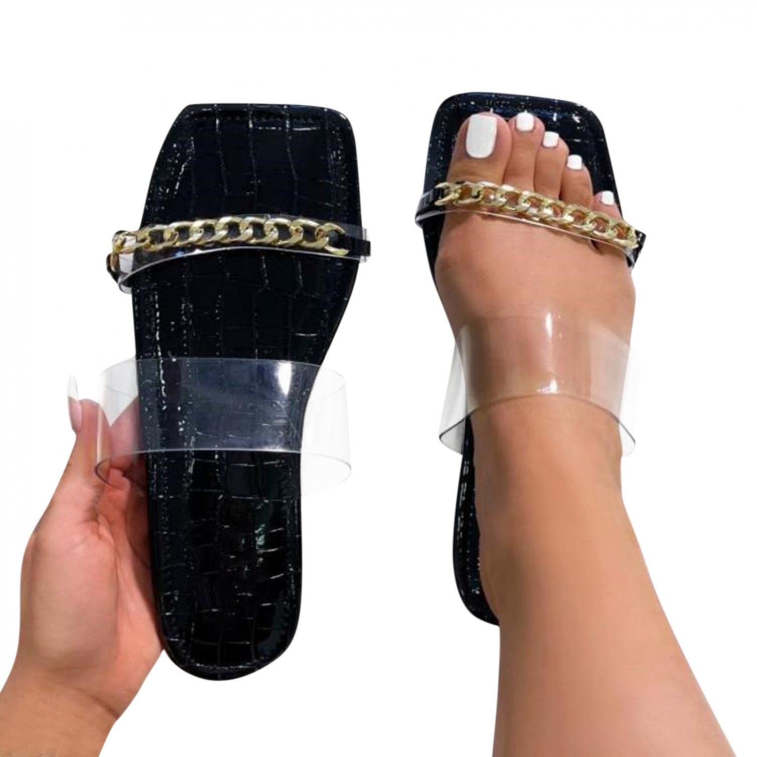 Women's Clear Slide Sandals - Square Open Toe Slip On Transparent Slippers with Metal Chain | Fashionable Snakeskin Leather Design | Comfortable Soft Flat Heels for Summer, Parties, Beach & Casual Wear