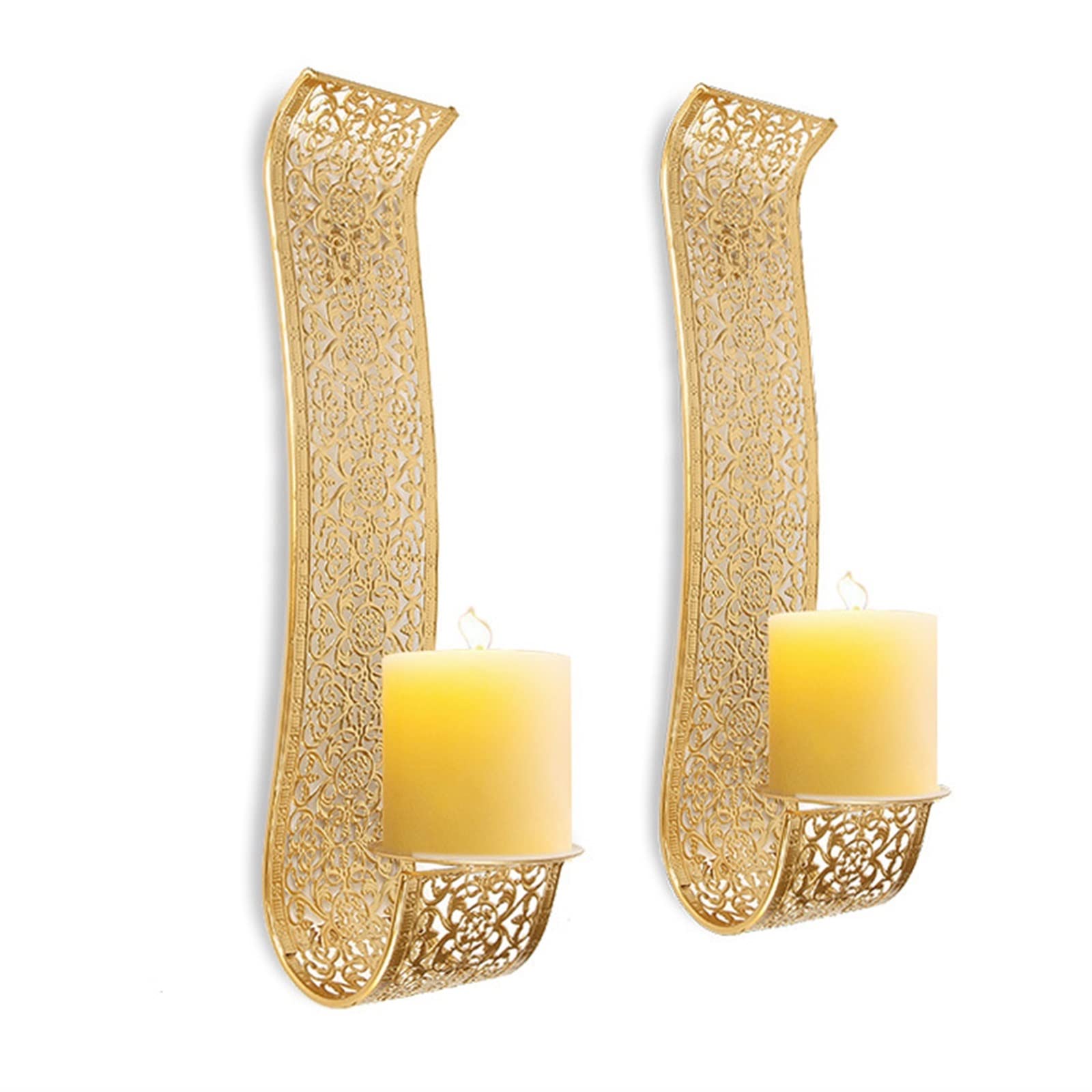 Set of 2 Gold Metal Wall Sconce Candle Holders - Elegant Wall Mounted Lighting Fixtures for Dining Room, Living Room, Bathroom Decor | Perfect for Romantic Dinners, Cozy Ambiance & Home Decoration Clearance
