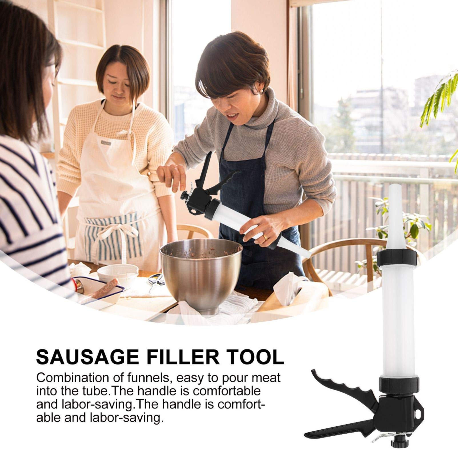 Hemoton Manual Sausage Stuffer - 5L Stainless Steel Meat Grinder with 4 Nozzles & Funnel Tube - Perfect for Home Kitchen, Sausage Making, Salami & Bratwurst - Ideal for BBQ Parties, Camping & Holiday Cooking