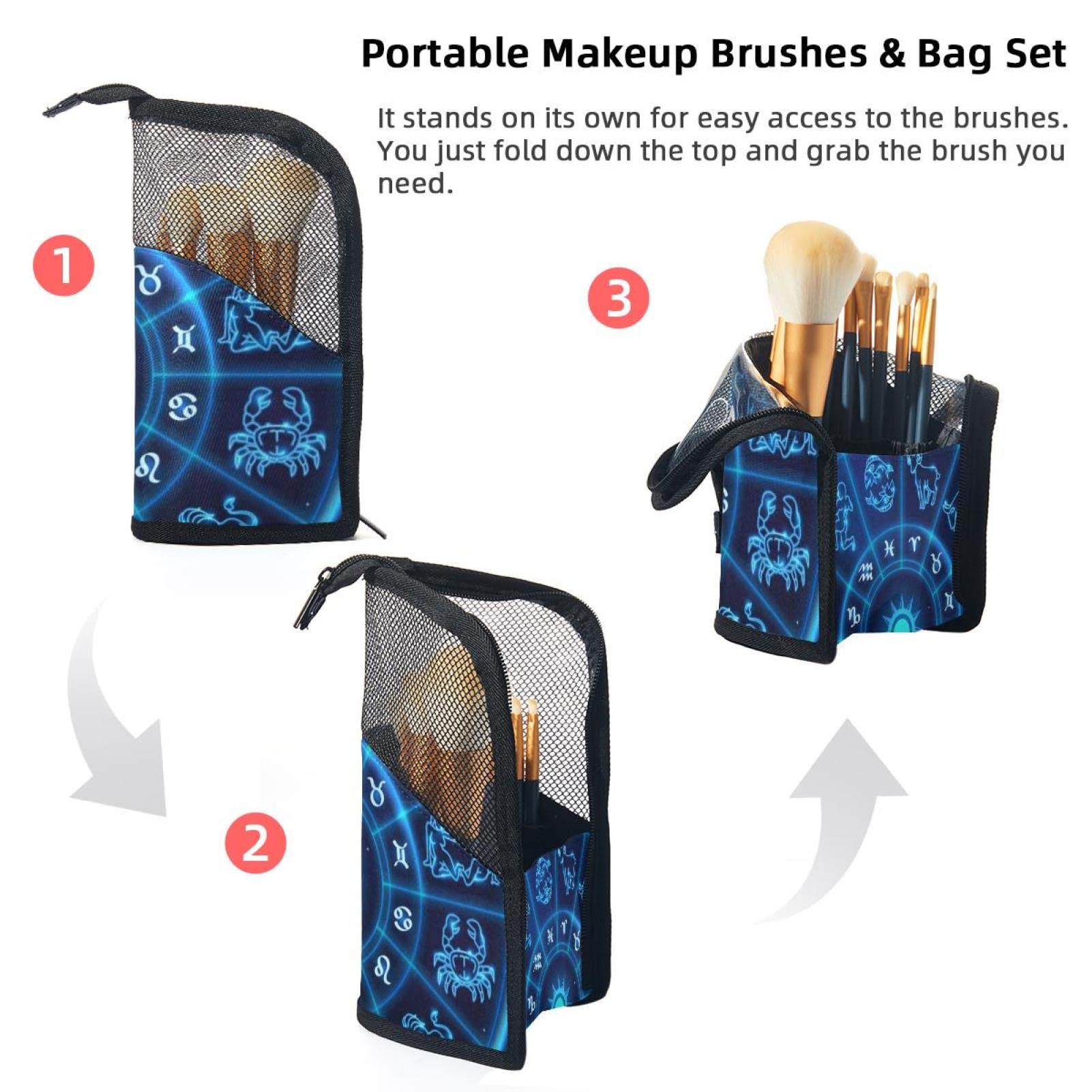 Premium 12-Piece Makeup Brush Organizer Bag - Cosmic Constellation & Animal Print Portable Holder Case for Travel & Home Vanity Storage