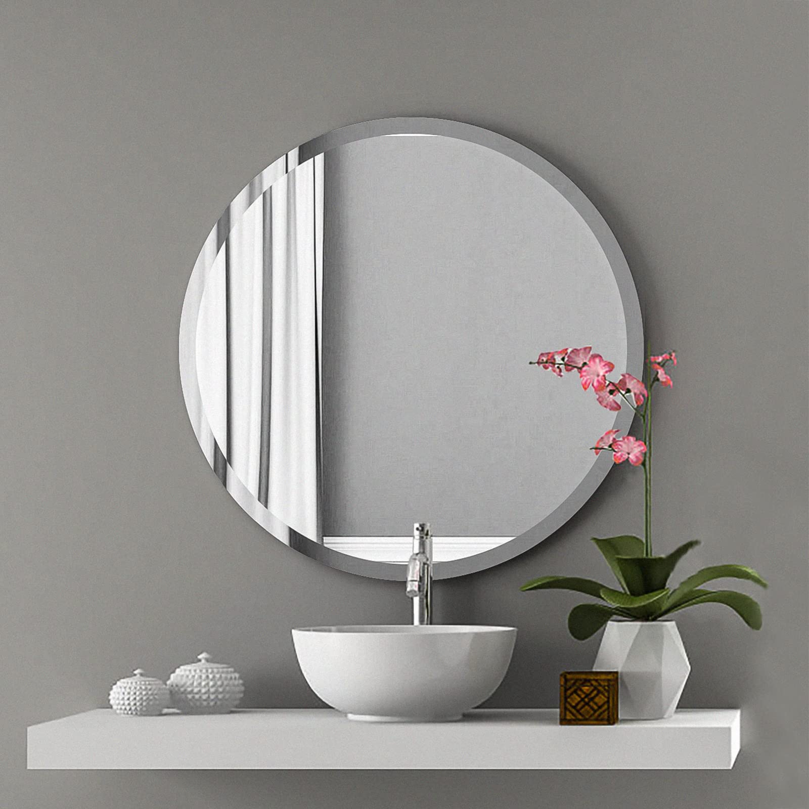 28 Inch Frameless Round Mirror with 1 Inch Beveled Edge - Elegant Bathroom Vanity Mirror for Living Room, Entryway & Home Decor - Perfect for Makeup, Wall Decor and Space Enhancement
