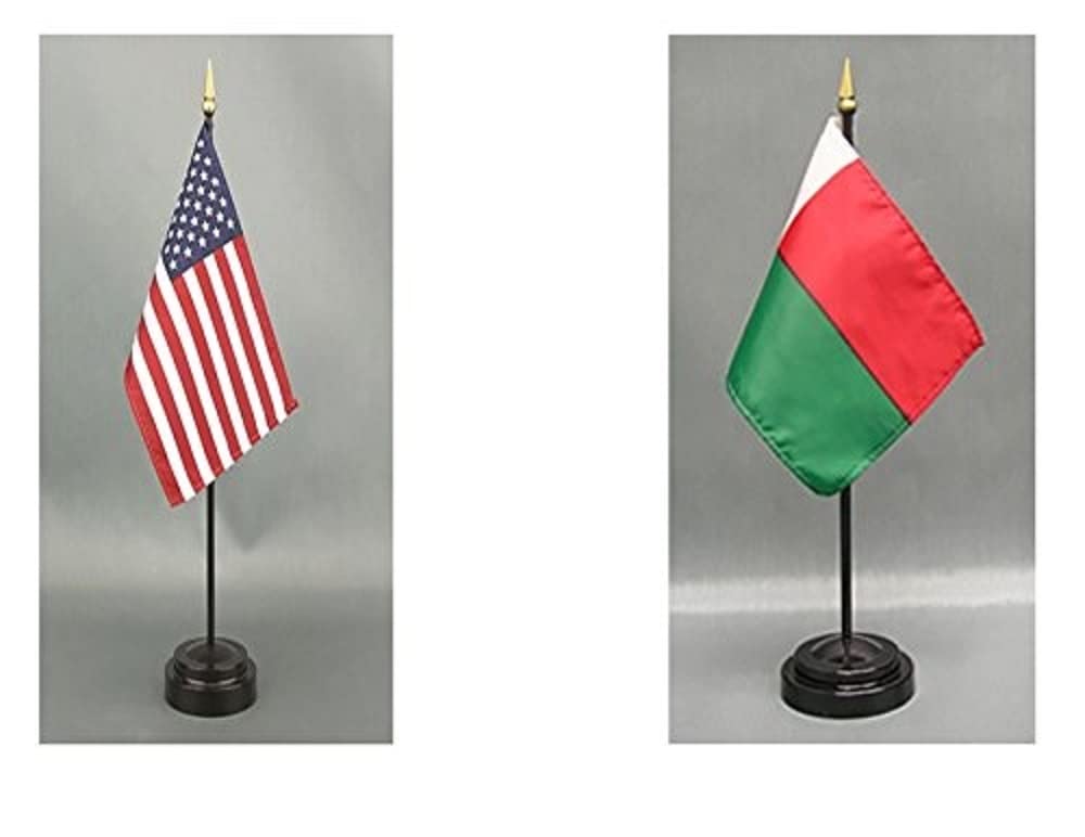 American Made Madagascar Desk Flag Set - 4x6 Inch Rayon Office & Hand Waving Table Flags with 2 Stands (USA & Madagascar Flags) - Perfect for Office Decor, International Events & Patriotic Displays