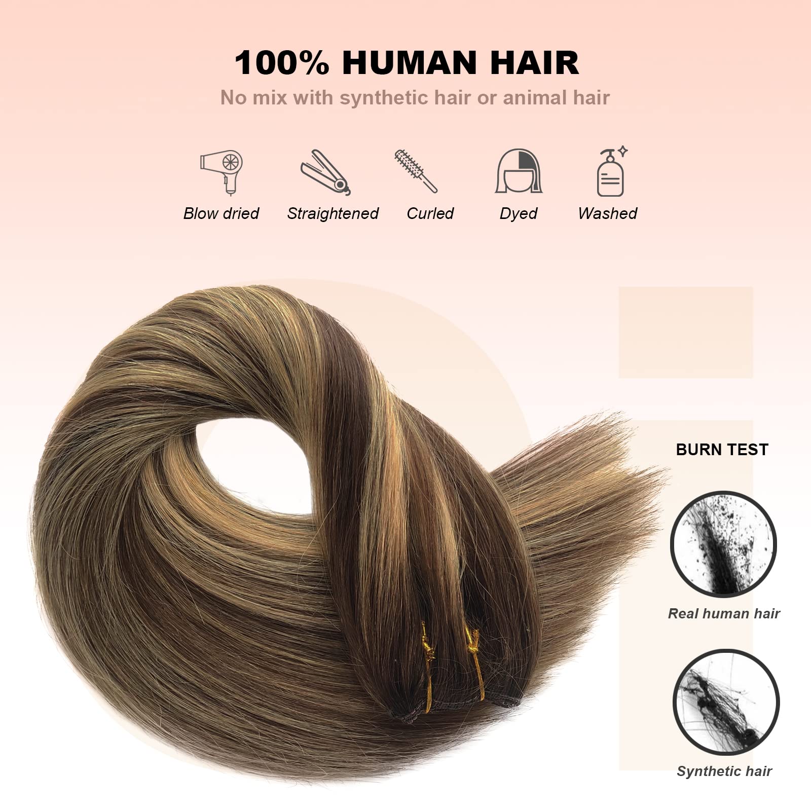OiMiGO 20 Inch Human Hair Extensions with Invisible Fish Wire - Adjustable Size 100g Medium Brown Mix Caramel Blonde Balayage Highlights | Perfect for Daily Styling, Parties & Special Occasions