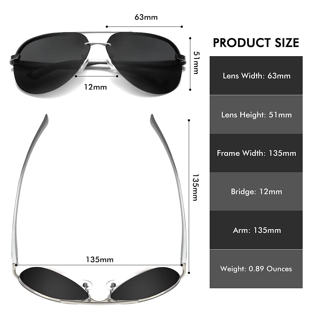 Polarized Aviator Sunglasses for Men - UV 400 Protection, Rimless Mirrored Lenses for Driving & Outdoor Activities - Lightweight & Stylish Sun Glasses for Sports, Travel & Everyday Wear