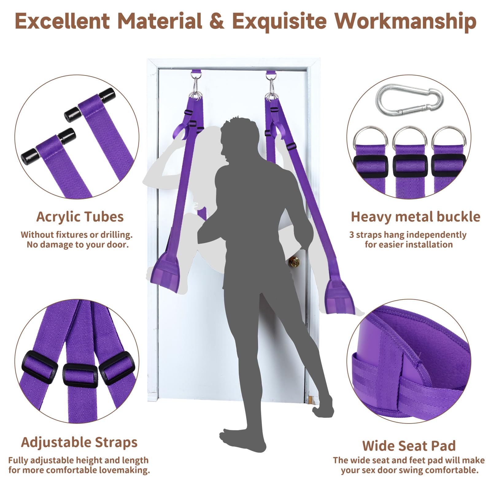 BDSM Door Sex Swing with Seat - Adjustable Bondage Swing for Couples, Soft Leather & Plush Support, Holds up to 300lbs - Perfect for Bedroom Play, BDSM Exploration & Spice Up Your Relationship (Purple)