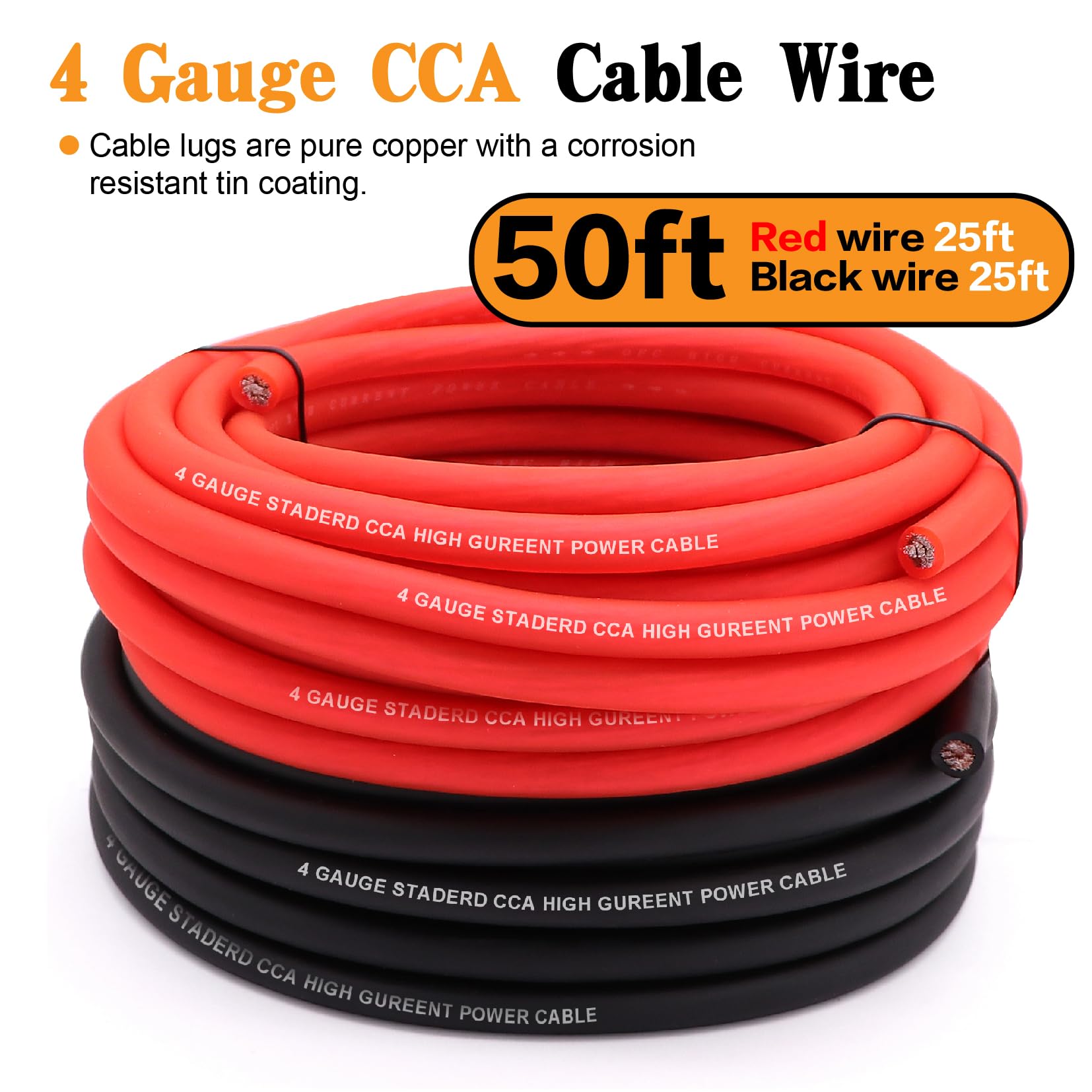 4 Gauge CCA Wire 50FT Black/Red - Copper Clad Aluminum Battery Cable with 4ga Lugs & Heat Shrink Tube - Car Audio, RV Trailer, Solar Power Wiring Kit for Amplifier, Speaker, and Ground Connections