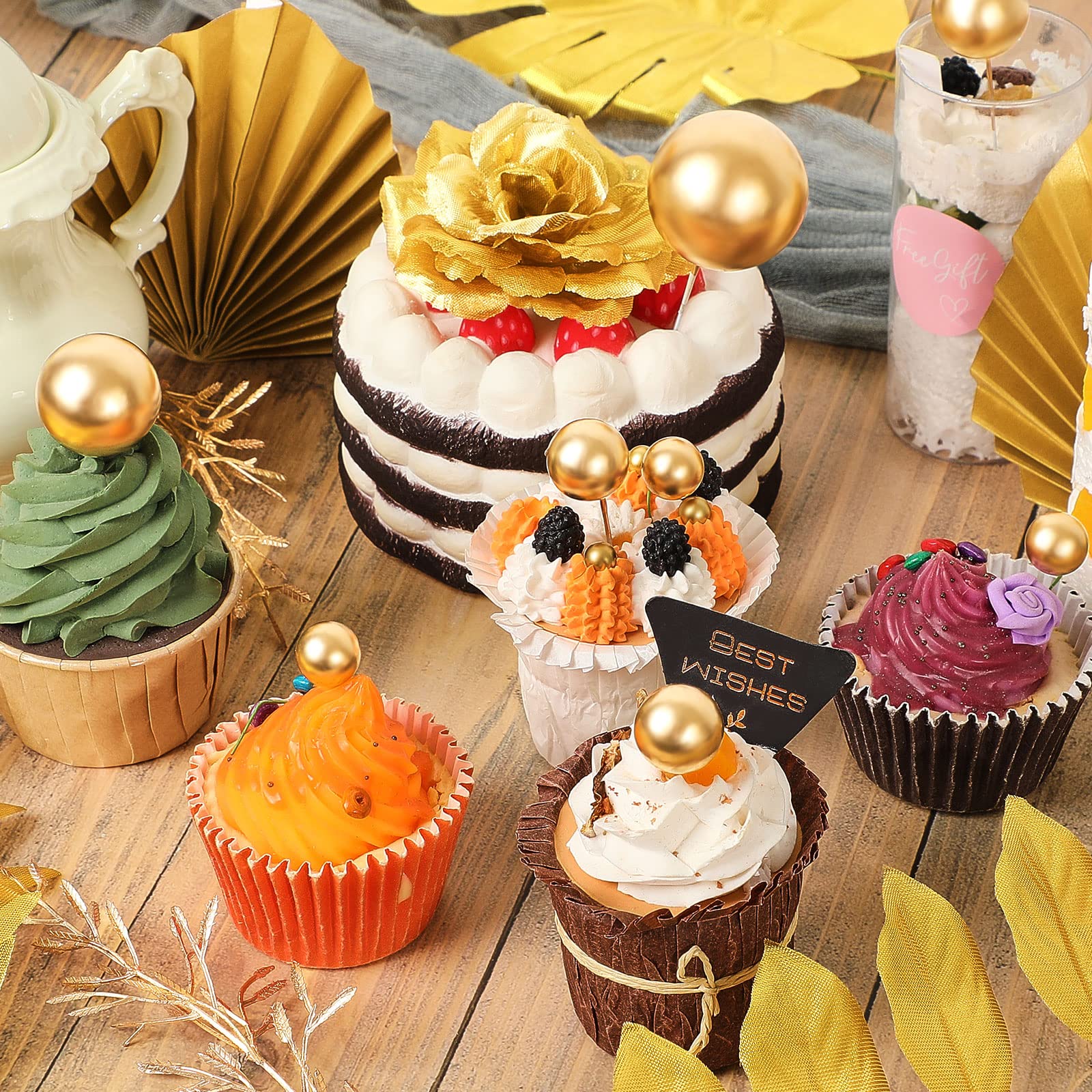Gold Palm Leaf Cake Toppers - 26pcs Floral Decor for Birthday & Wedding Cakes