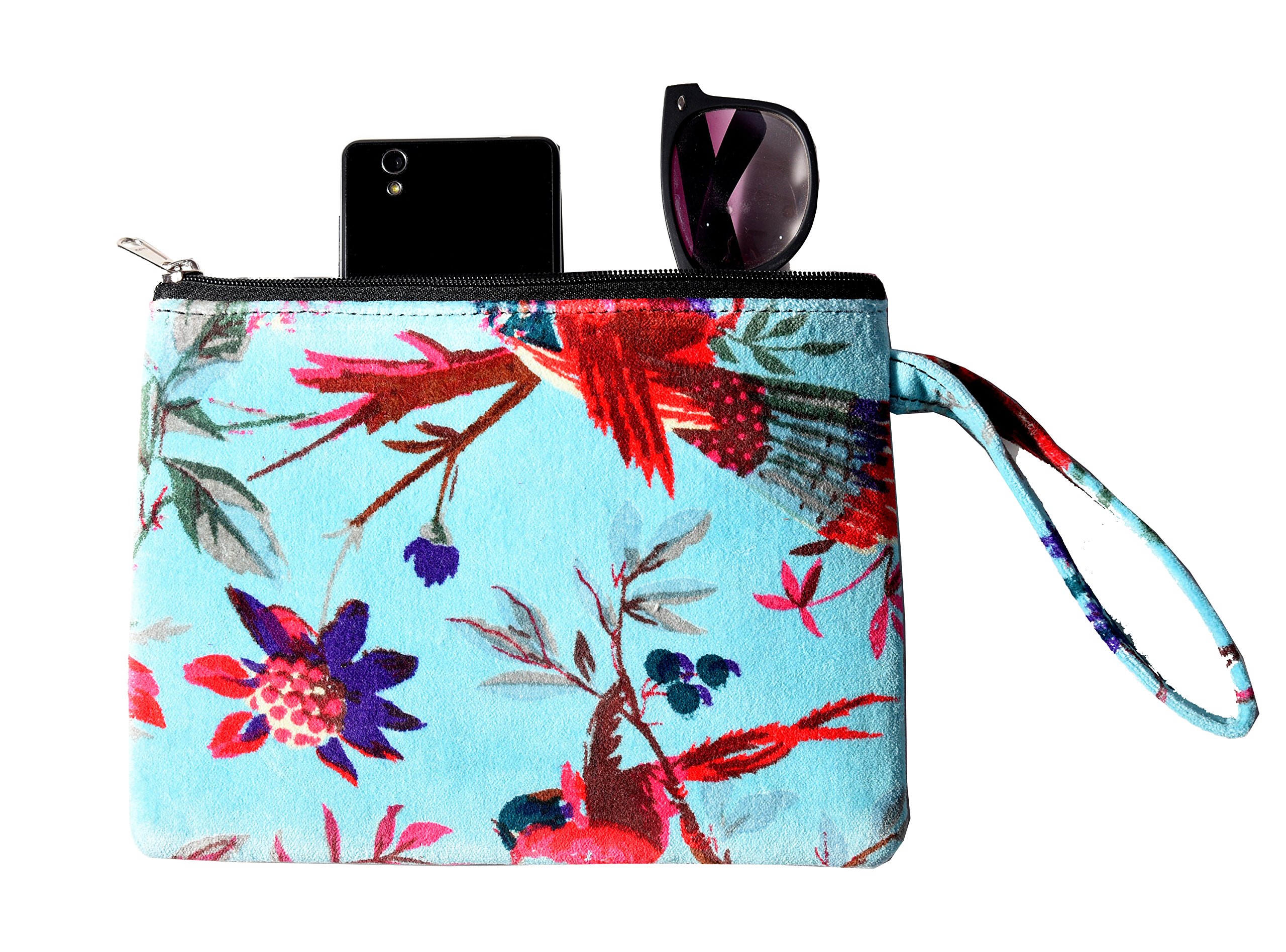 Handmade Turquoise Floral Velvet Clutch Bag - Multifunctional Travel Makeup Pouch & Toiletry Case for Women | Perfect for Weddings, Parties & Cosmetic Storage