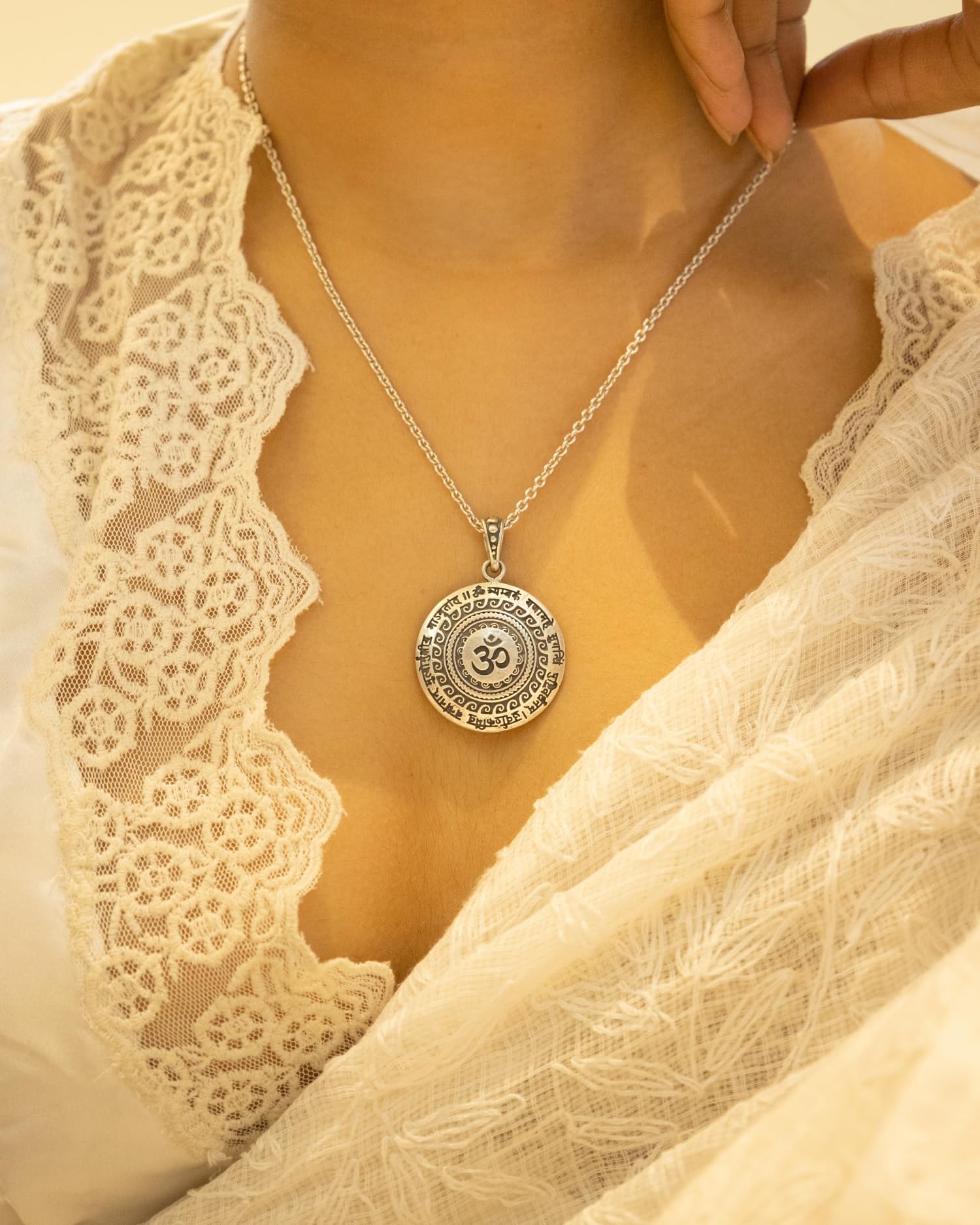 Shyle 925 Sterling Silver Pendant Necklace - Maha Mrityunjaya Mantra Om Charm - Handcrafted Oxidized Indian Jewelry - 92.5 Stamped - Spiritual Women's Accessories for Meditation, Yoga & Daily Wear