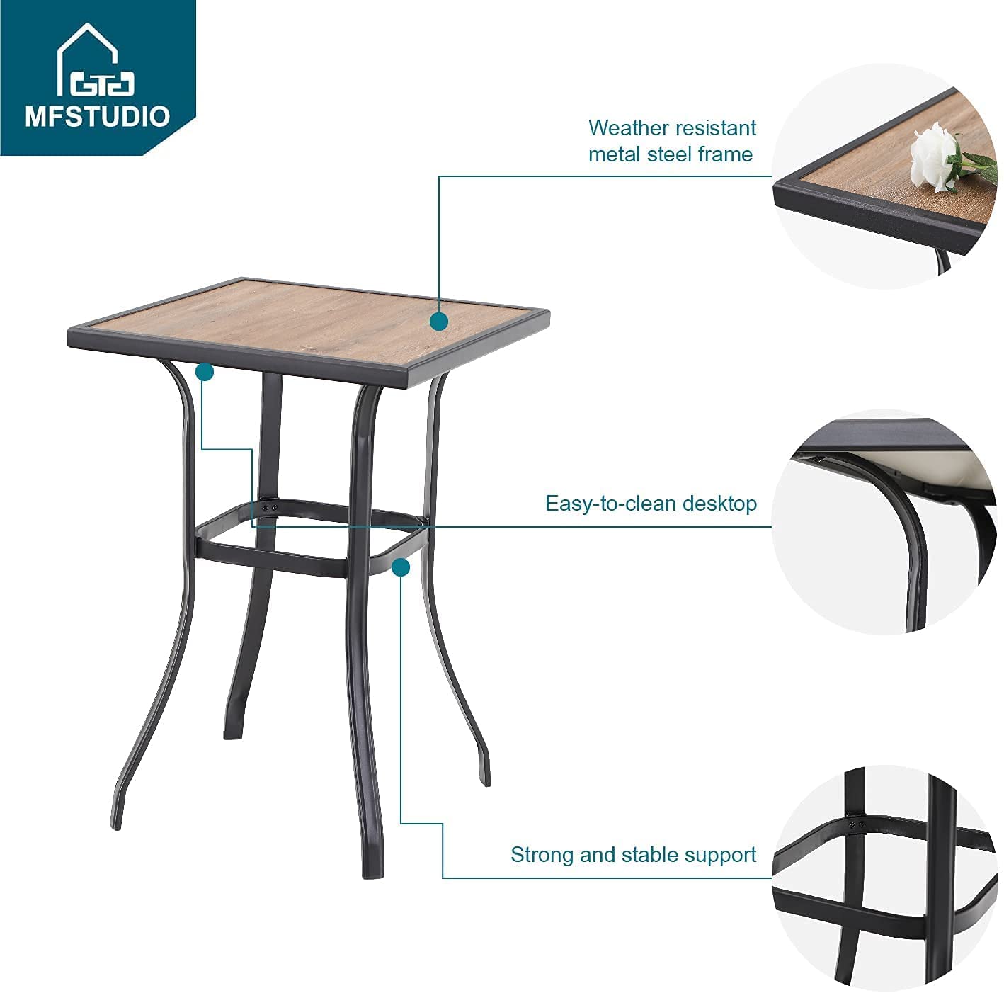 MFSTUDIO 3-Piece Outdoor Patio Bar Set - 1 PVC Wood-Look Table & 2 Wicker Rattan Bar Stools with Cushions - Black & Brown Garden, Poolside, Backyard, Balcony Furniture for Relaxing & Entertaining
