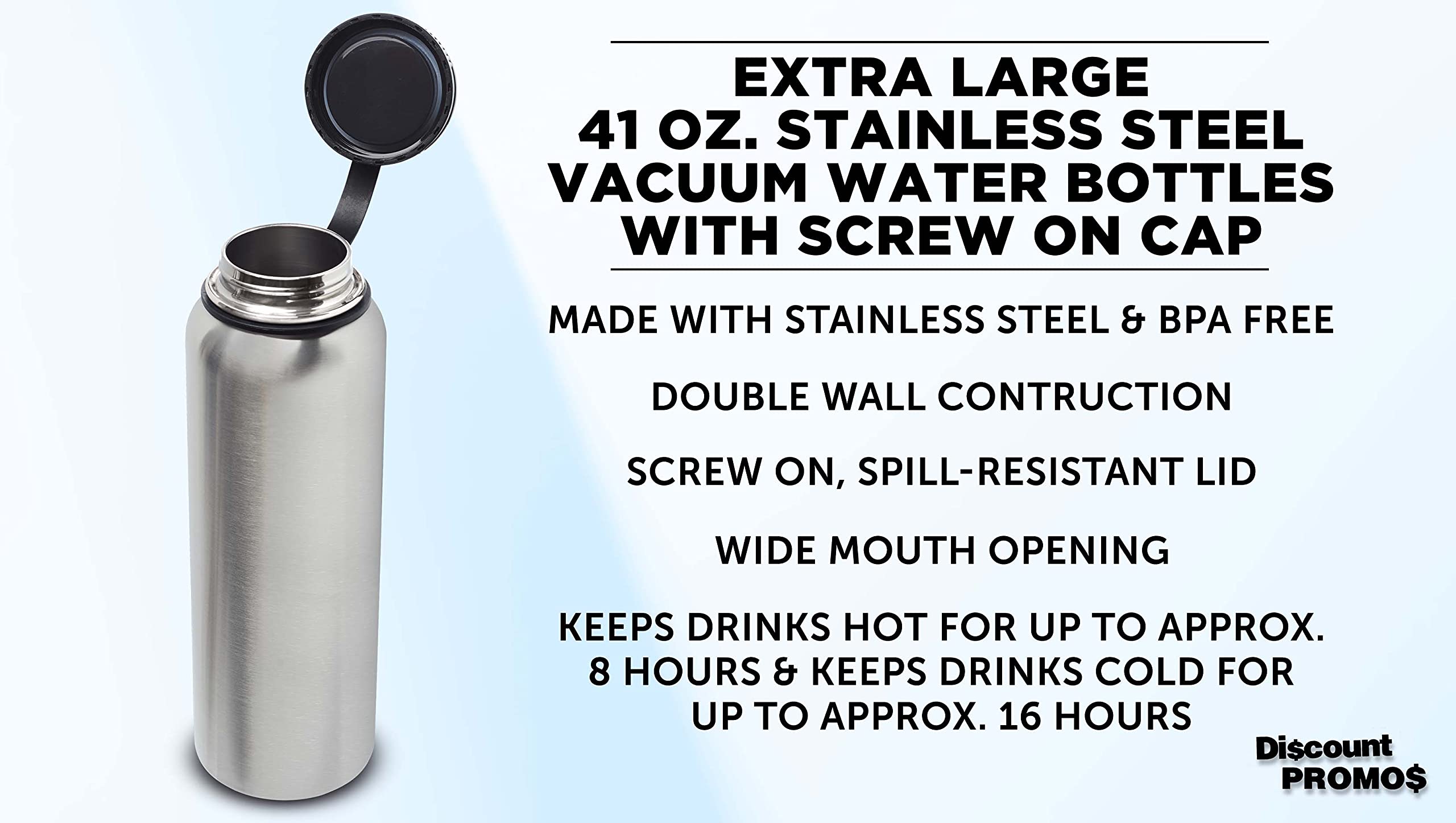6 Pack 41 oz Stainless Steel Vacuum Insulated Water Bottles - Double Wall Silver Thermal Flask - Perfect for Hiking, Gym & Outdoor Activities