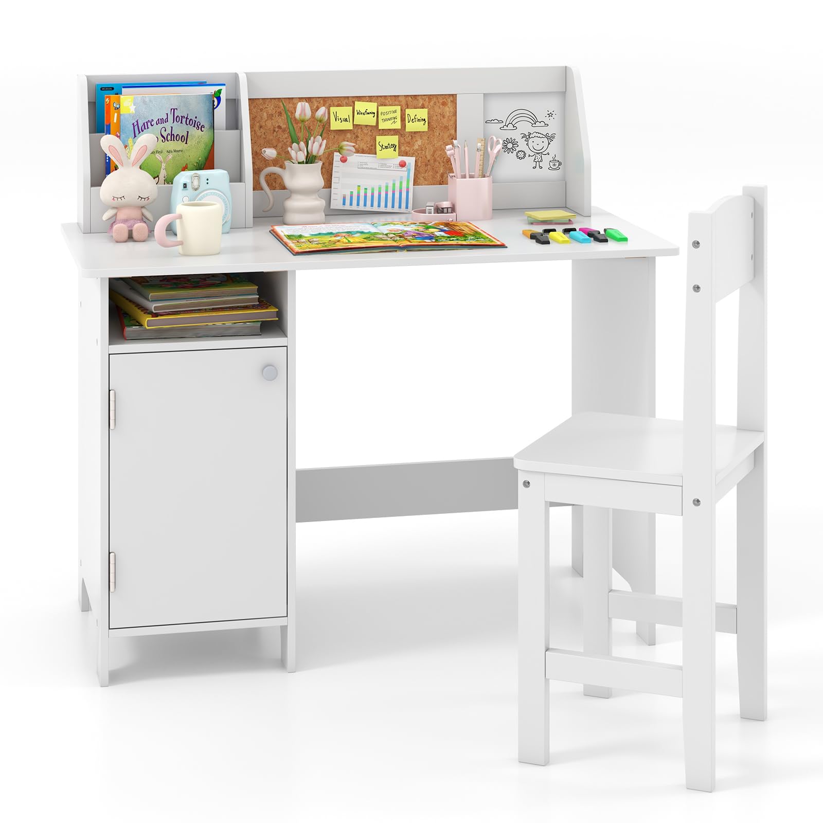 Costzon Kids Desk and Chair Set - Adjustable Wooden Study Table with Storage, Hutch, Cork Board & Whiteboard | Ergonomic Children's Writing Desk for Homework, Online Learning & Bedroom | Perfect for School, Homeschool & Small Spaces (White)
