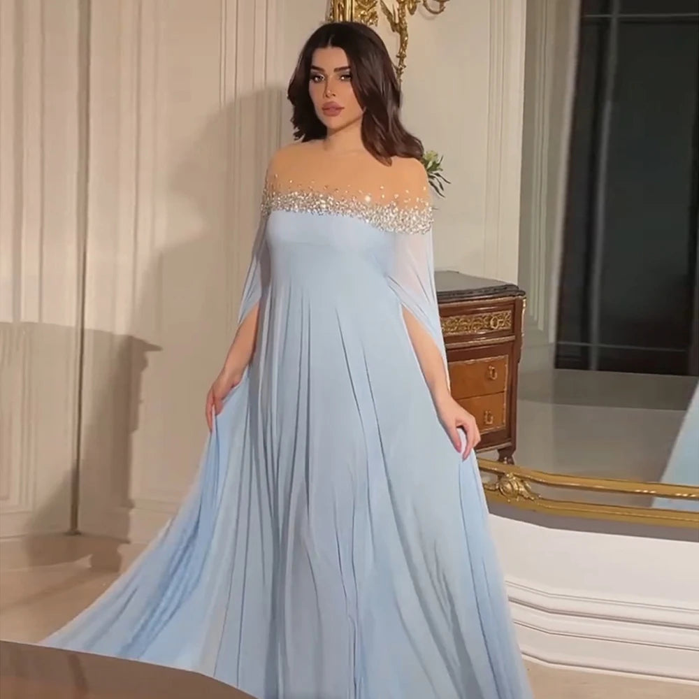 Elegant Dubai Arabic Crystal A-Line Baby Blue Evening Dress with Kaftan for Formal Occasions & Special Events - LA72766 | Perfect for Weddings, Galas, and Luxury Parties