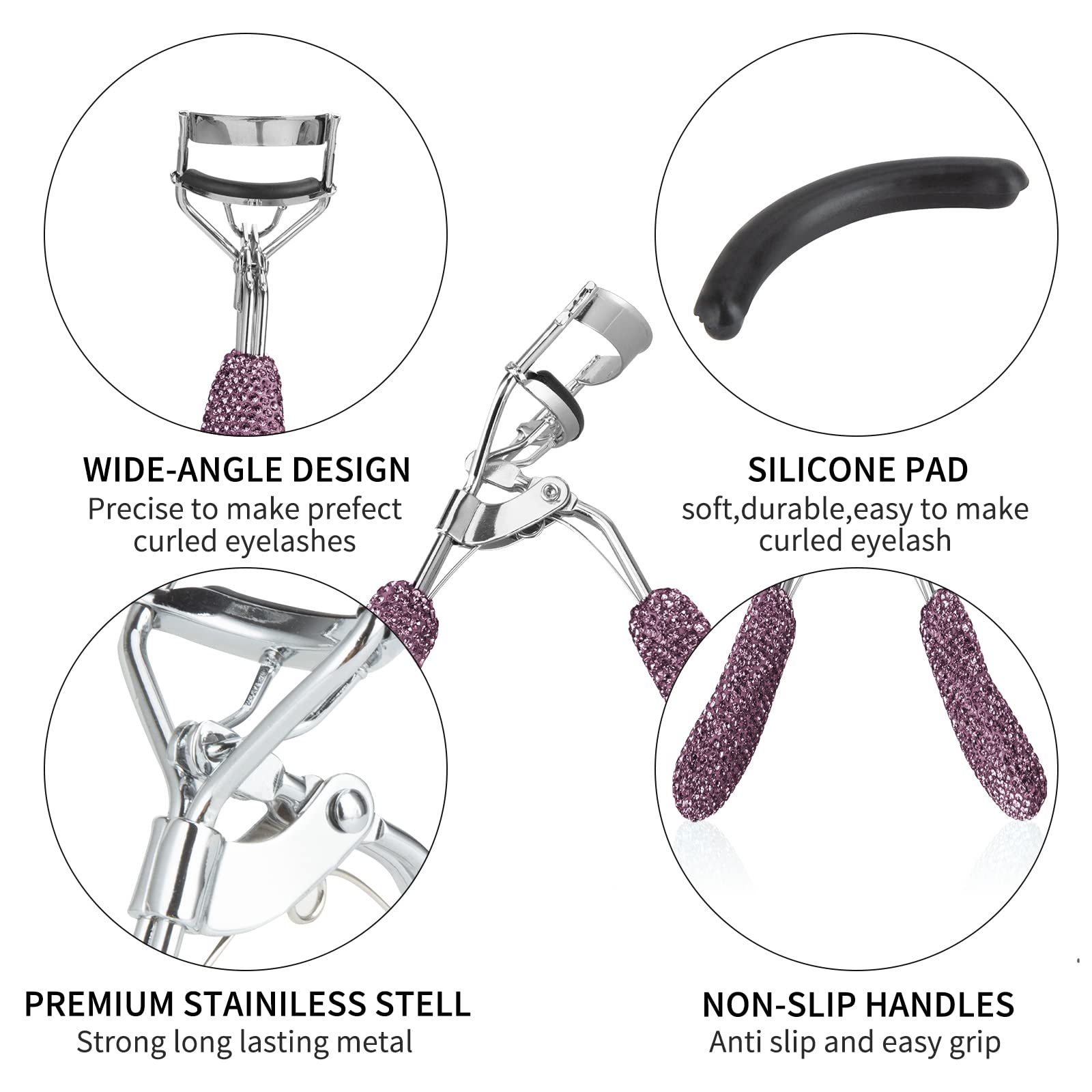 Bling Rhinestone Eyelash Curler - Stainless Steel Eyelash Curler for Natural & Long-Lasting Curves, Universal Fit for All Eye Shapes, Purple - Perfect for Daily Makeup & Special Occasions