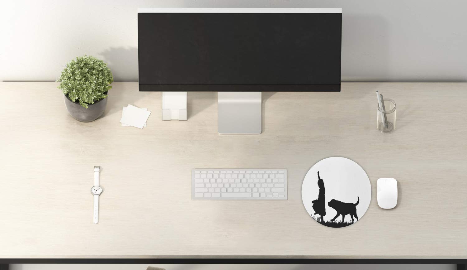 Ambesonne Labrador Themed Round Mouse Pad - Non-Slip Rubber Gaming Mousepad with Dog Walking Silhouette Design, 8 Inch Black and White Computer Accessory for Office, Home & Gaming Setup