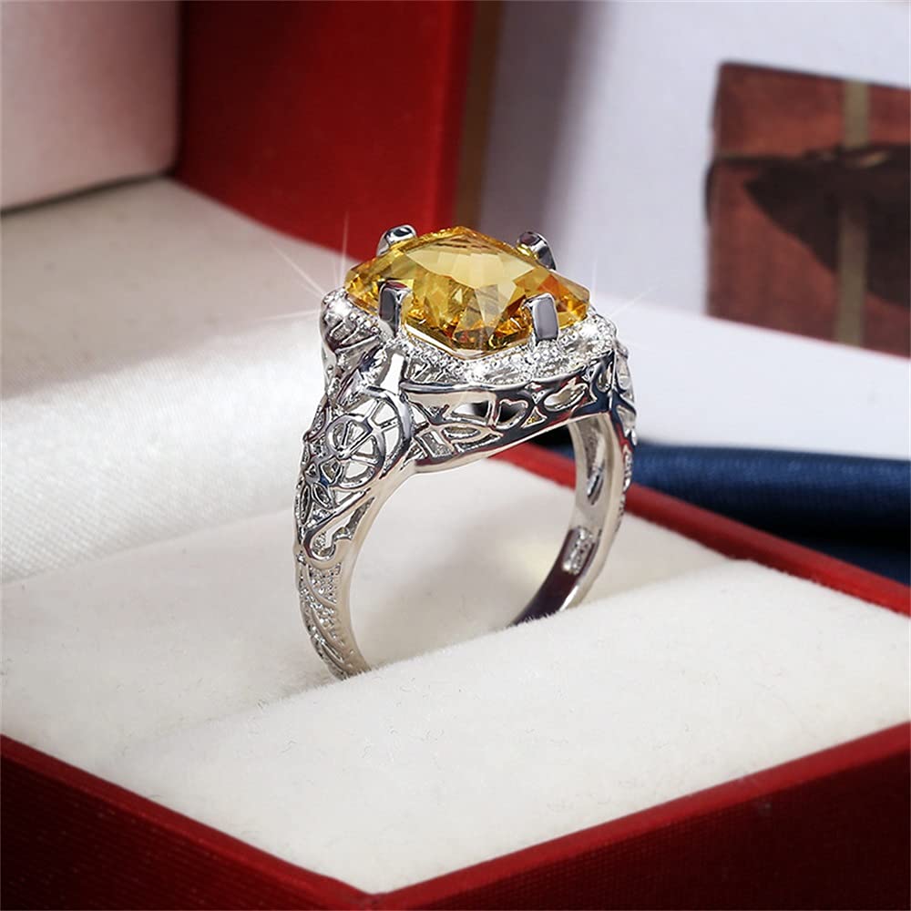 925 Sterling Silver Hollow-Out Princess Cut Citrine Ring – Large Carat Topaz Birthstone, Promise & Engagement Ring for Women – Elegant Wedding Band & Cocktail Party Jewelry (Perfect for Anniversaries, Valentine’s Day & Special Occasions)