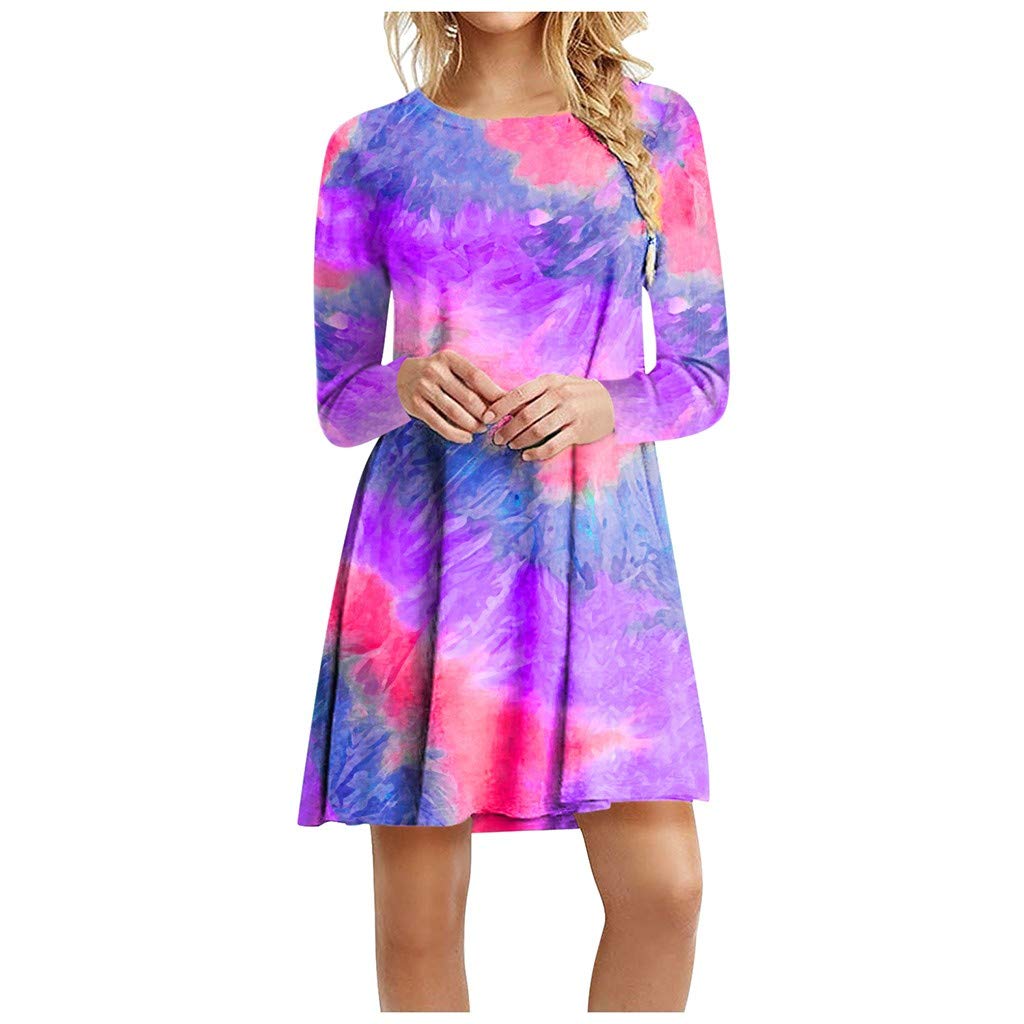 Posijego Women's Tie Dye Long Sleeve Graphic Dress - Casual Crewneck Shirt Dress for Summer & Fall | Perfect for Beach Outings, Date Nights & Office Wear