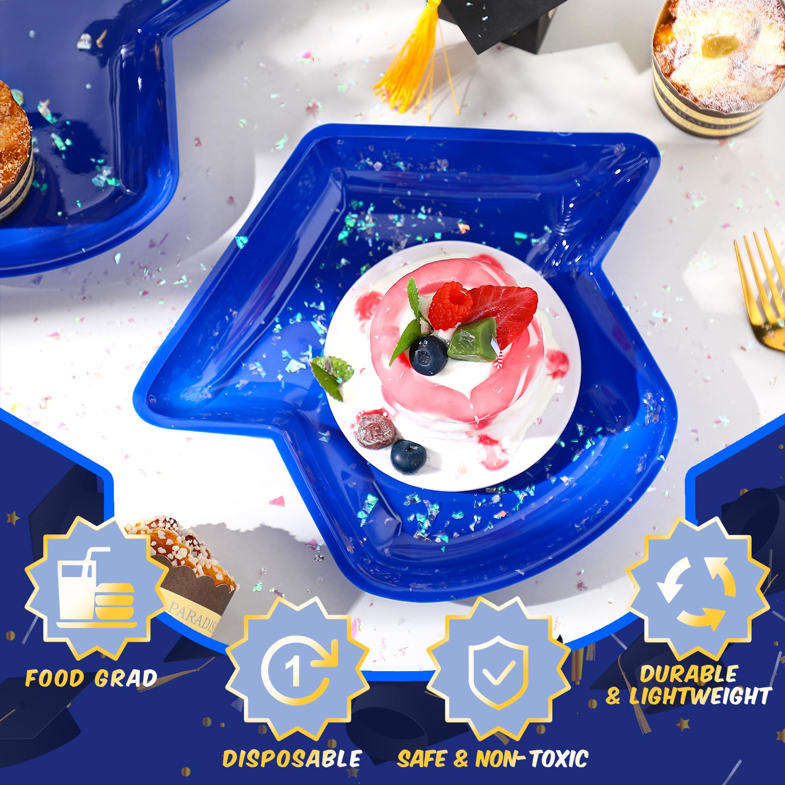 24-Pack Graduation Party Plates - Hat-Shaped Reusable Snack Trays for Cookies, Chips & Candy - 11.6 x 9.6 Inch Blue Graduation Decor - Perfect for Grad Parties, Dessert Buffets & School Celebrations