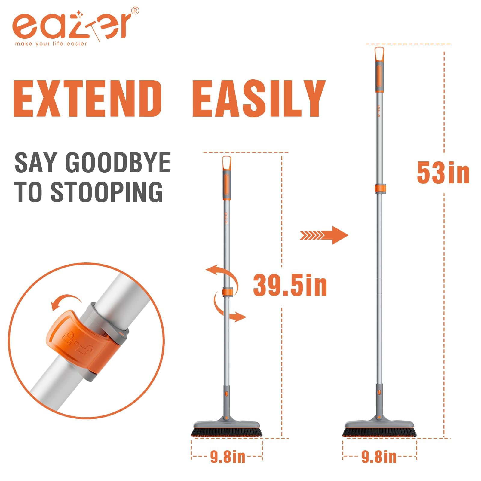 Eazer Grout Brush with Long Handle - 180° Rotating Tile Grout Cleaner, V-Shape Shower Scrubber with Stiff Bristles for Bathroom, Wall, Baseboard & Floor Cleaning - 53 Inch - Perfect for Deep Cleaning Tiles, Showers, and Hard-to-Reach Areas