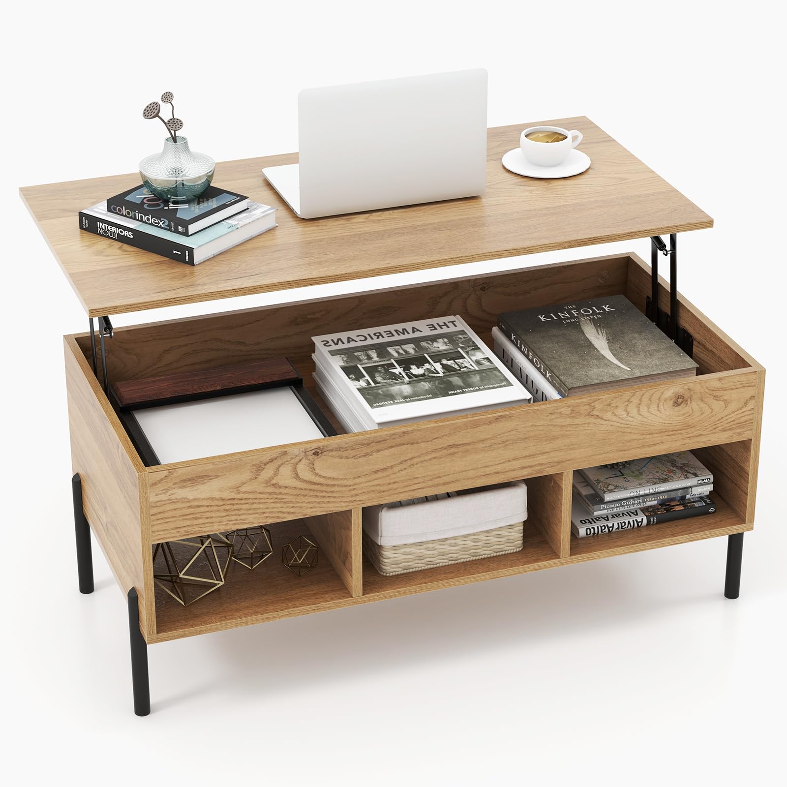 Tangkula Lift Top Coffee Table with Metal Legs - Multifunctional Wooden Dining & Working Table with Hidden Compartment & 3 Open Cubbies for Living Room, Office, Reception Area (Natural Finish) - Perfect for Entertaining, Remote Work, and Stylish Home Decor