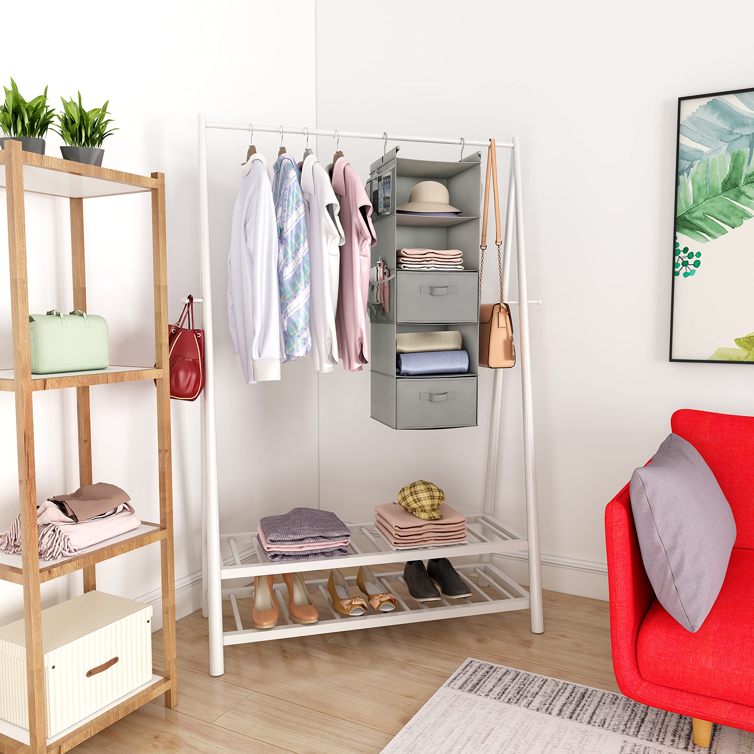 MAX Houser 5-Tier Foldable Hanging Closet Organizer - Space Saving Storage Shelf with 2 Sturdy Hooks for Clothes, Shoes & Accessories (Light Grey) - Perfect for Bedroom, Closet & Dorm Organization