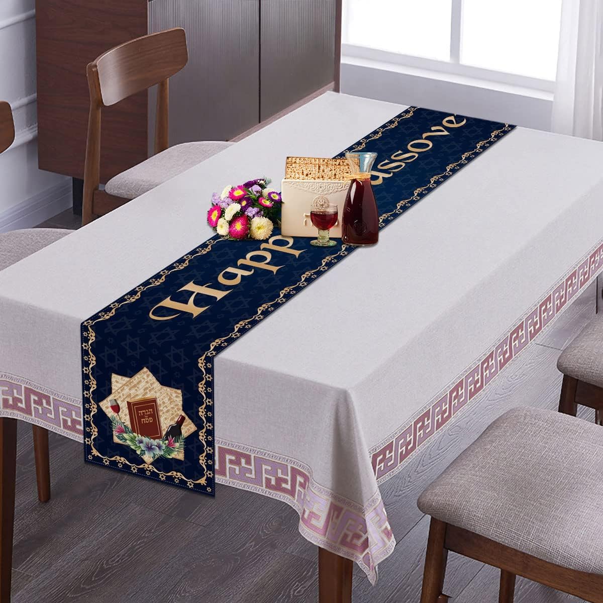 Happy Passover Pesach Star of David 13 x 90 Inch Table Runner for Jewish Festival, Holiday Party, and Home Kitchen Dining Room Decor