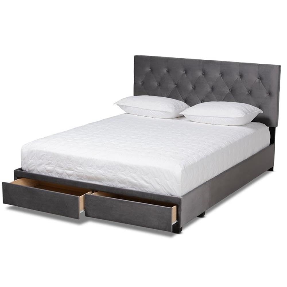 Baxton Studio Caronia Modern Grey Velvet Upholstered Queen Platform Storage Bed with 2 Drawers - Perfect for Small Bedrooms & Guest Rooms