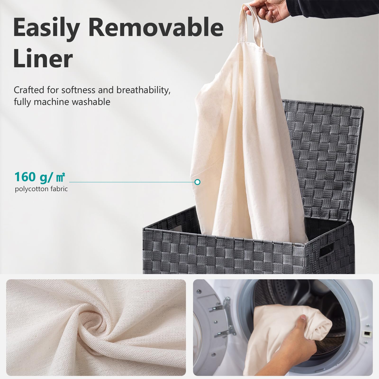 Fiona's Magic Handwoven 96L Large Laundry Hamper with Lid & Removable Liner Bags - Collapsible Tall Clothes Basket for Bedroom, Bathroom & Dorm Organization - Grey - Perfect for Small Spaces & Laundry Room Storage