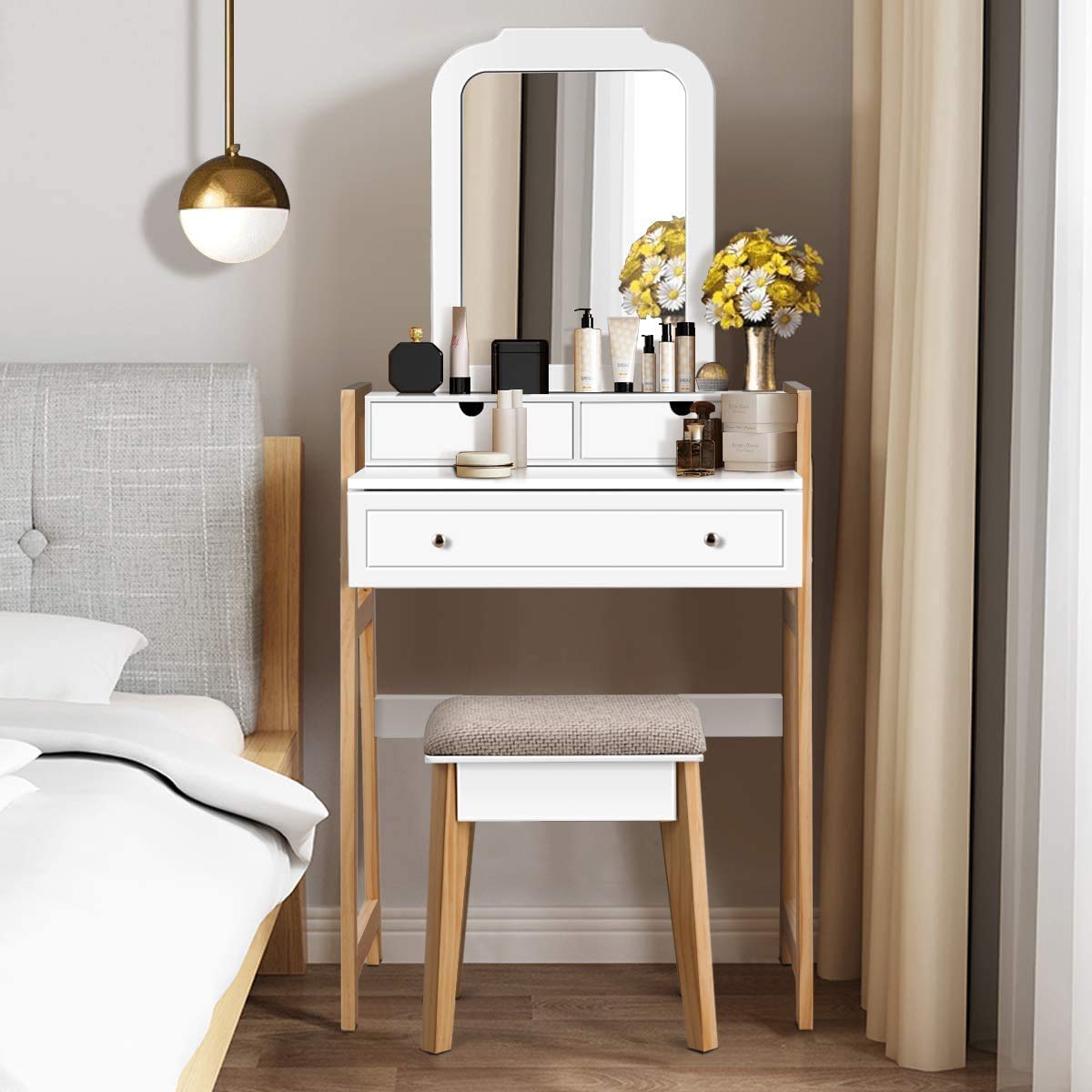 Charmaid 25-inch Vanity Set with 3 Drawers, Large Mirror & Cushioned Stool - Modern Makeup Dressing Table for Women & Girls, Space-Saving Design Perfect for Small Apartments, Bedrooms & Dorm Rooms