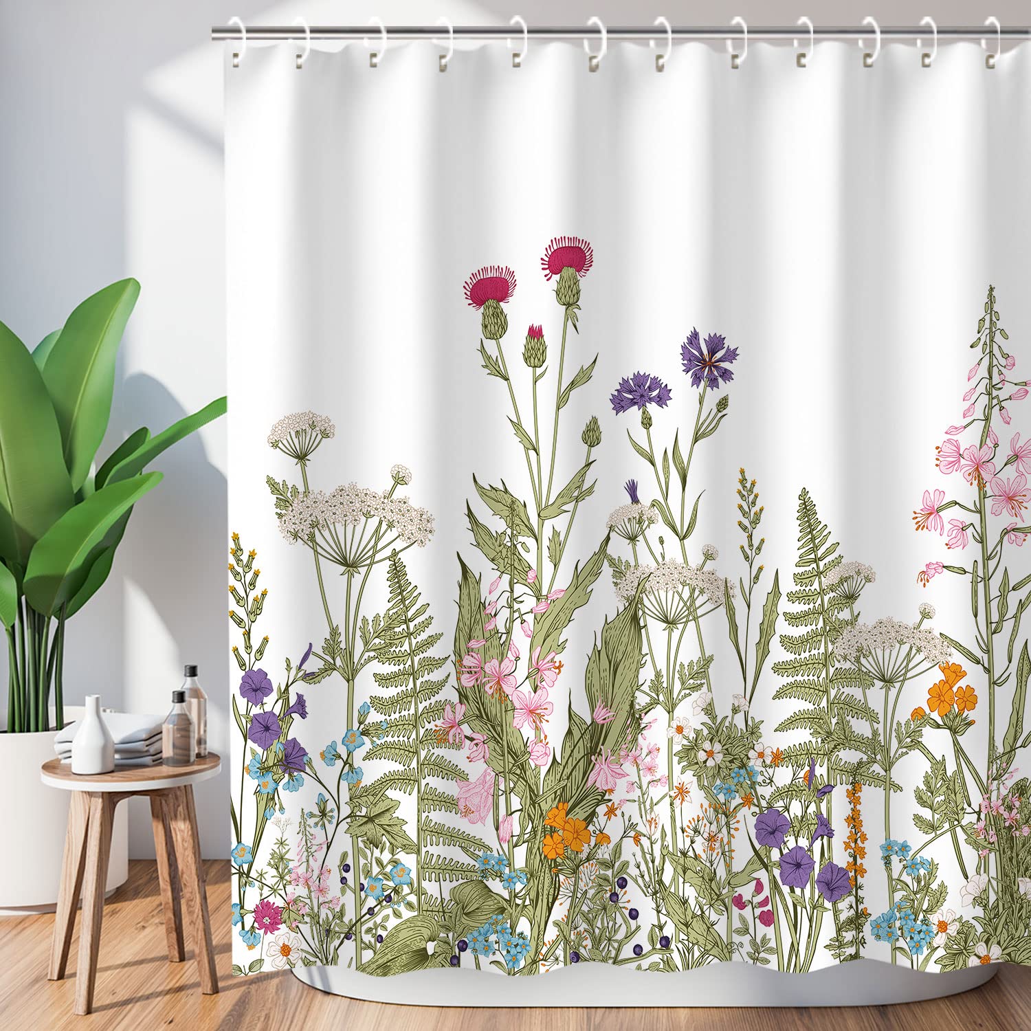LIVILAN Vintage Floral Shower Curtain - Green Botanical Wildflower Design with 12 Hooks, 72x72 Inches - Perfect for Bathroom Decor, Farmhouse & Boho Style Bathrooms