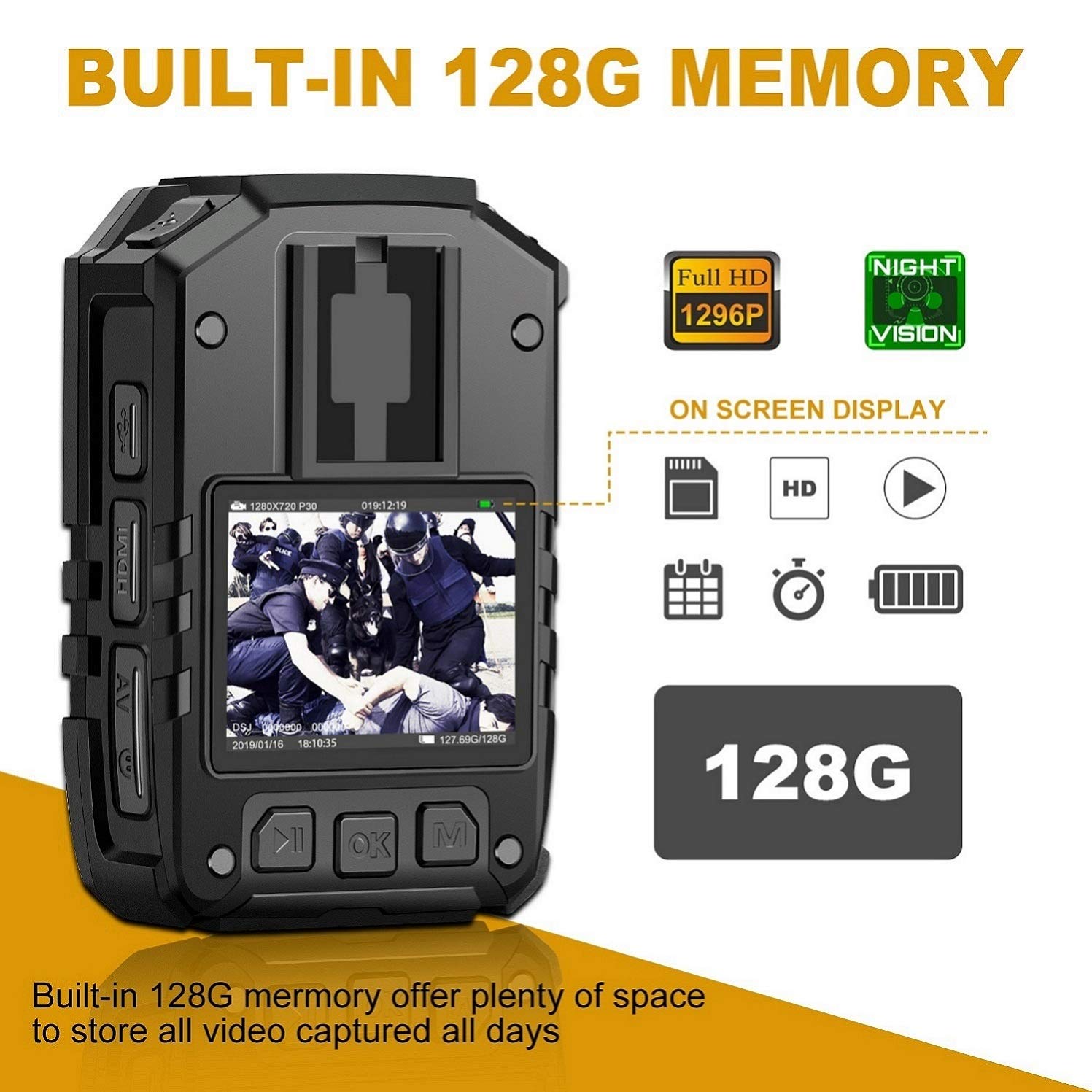 CammPro I826 1296P HD Police Body Camera with 128GB Memory, Waterproof Wearable Body Camera with Audio Recording, Night Vision & GPS - Ideal for Law Enforcement, Security Guards, and Evidence Collection