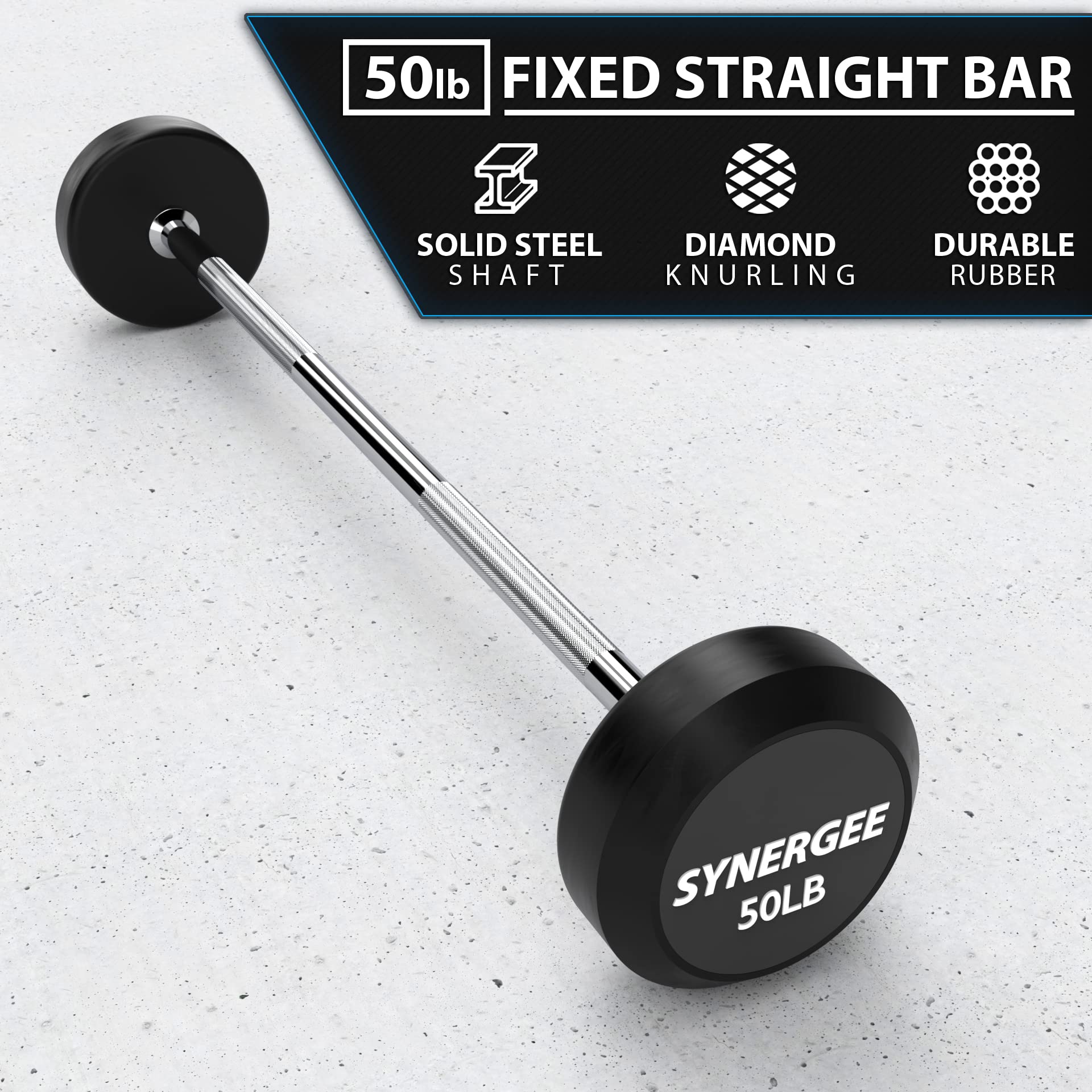 Synergee Fixed Barbell Pre-Weighted Straight Steel Bar with Rubber Weights - Home Gym Strength Training Equipment for Weightlifting & Fitness