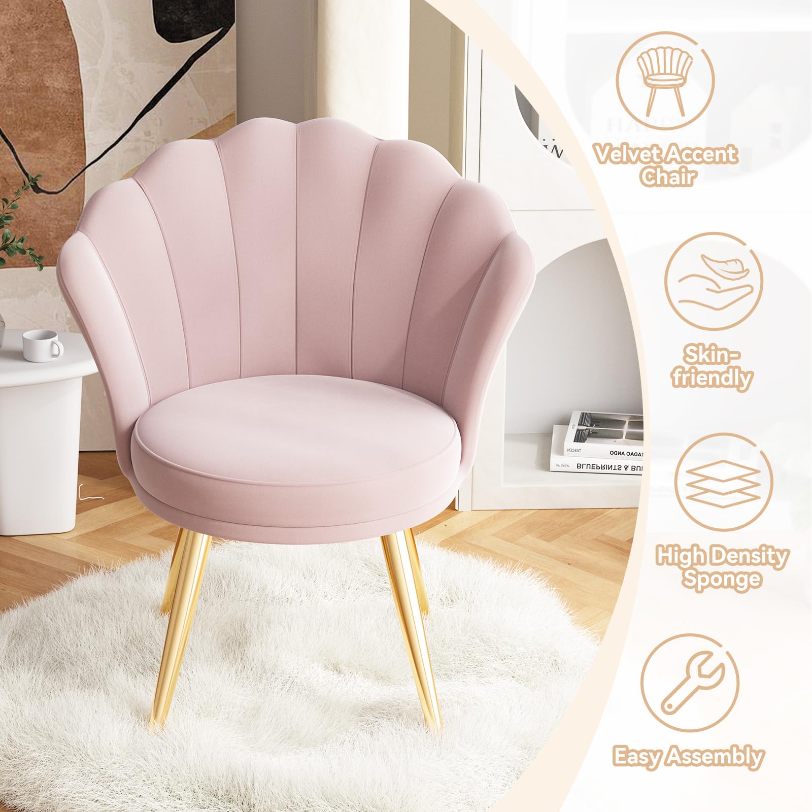 Luxury Velvet Accent Chair with Gold Metal Legs - Modern Makeup Vanity Chair, Upholstered Living Room Guest Chair & Bedroom Side Chair in Light Pink - Perfect for Dressing Room, Lounge & Home Decor