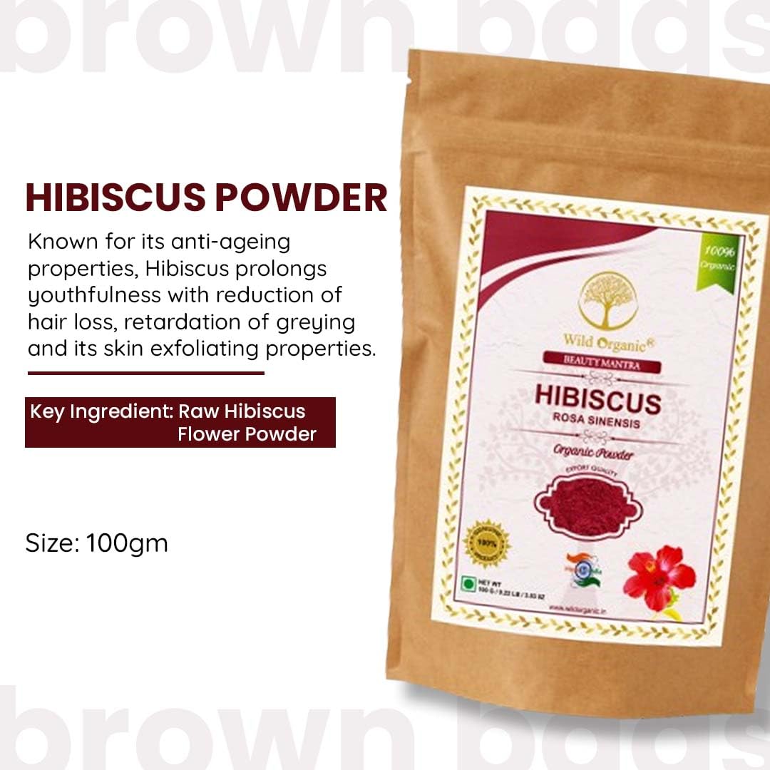 WILD ORGANIC 100% Natural Hibiscus Flower Powder (Rosa Sinensis) - 100g for Face Mask & Hair Growth Treatment | DIY Beauty Care, Skin Brightening & Scalp Nourishment