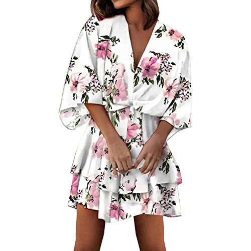 Women's Casual Elegant Short Dress - Knot Short Sleeve Tiered Ruffle Swing Dress with Colorful Print | Perfect for Summer Outings, Beach Vacations & Date Nights