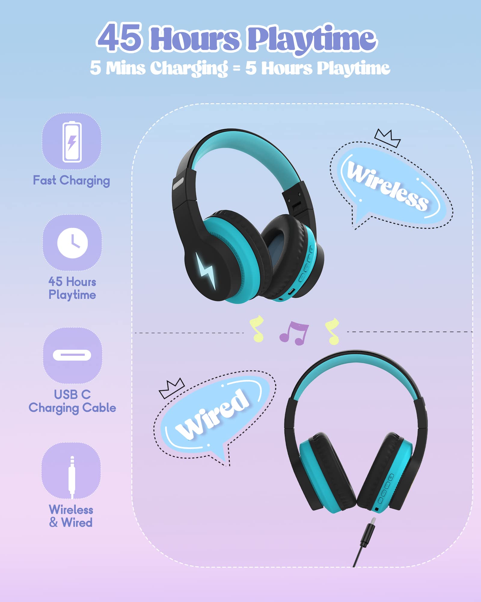 Wireless Kids Headphones with LED Lights & Built-in Mic - Volume Limited Safe Headphones for Children (Blue) - Perfect for Online Learning, Travel & Gaming