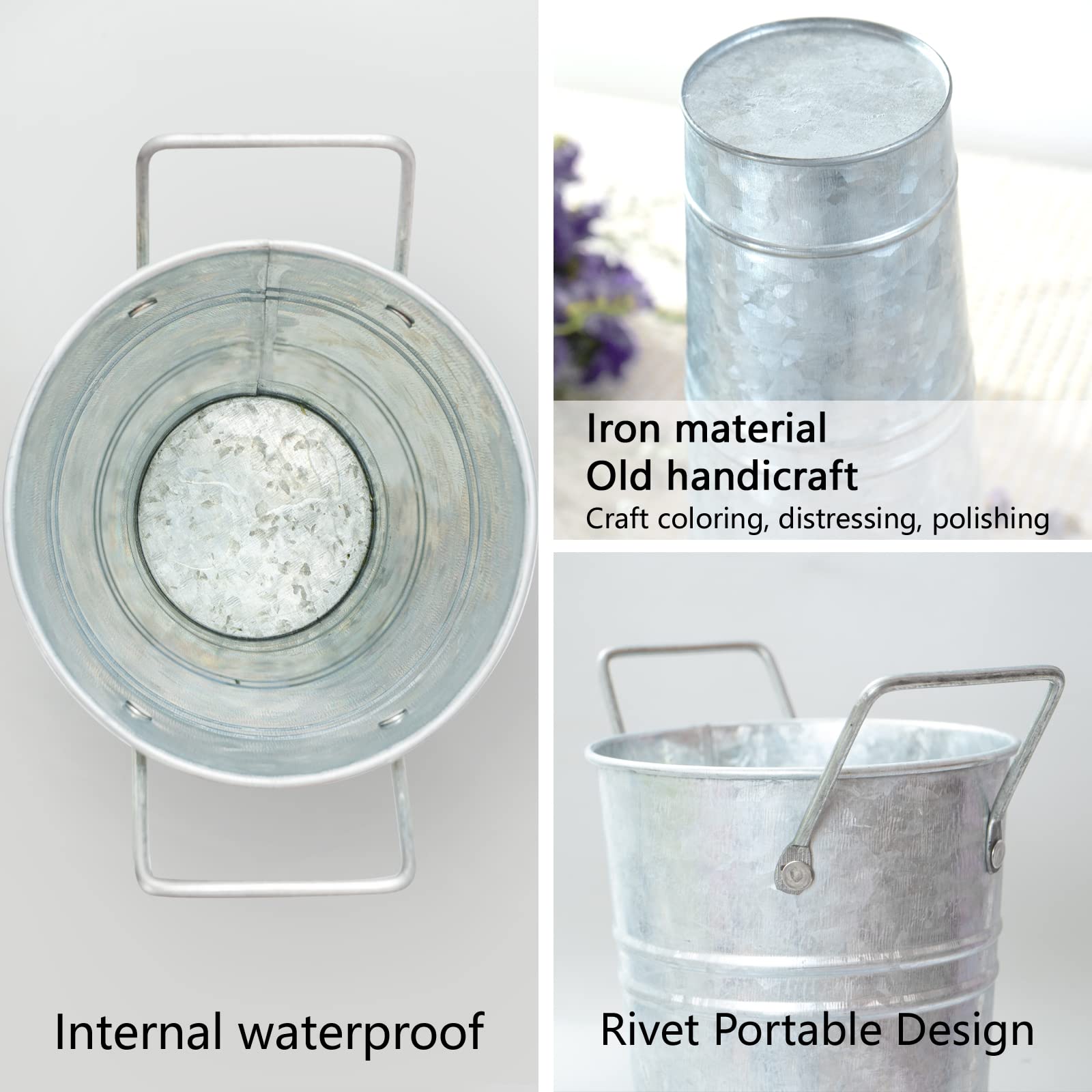 Galvanized Metal Vases Set of 4 - Farmhouse Flower Buckets for Home Decor & Weddings